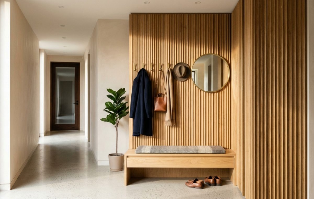 Vertical entryway storage featuring a custom floor-to-ceiling white oak slat wall with integrated brass hooks in a minimalist foyer.