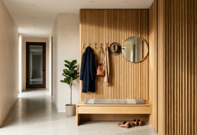Vertical entryway storage featuring a custom floor-to-ceiling white oak slat wall with integrated brass hooks in a minimalist foyer.