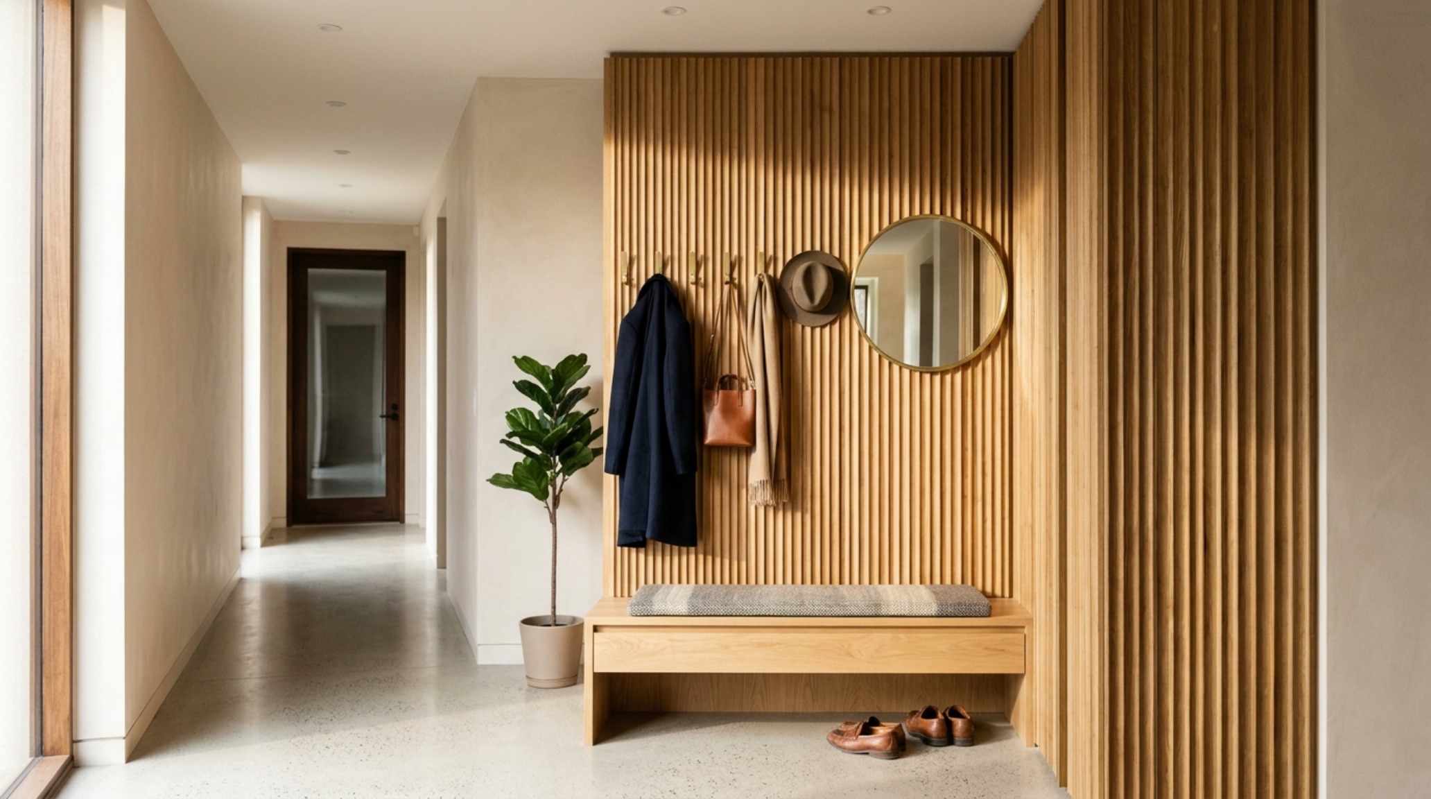 Vertical entryway storage featuring a custom floor-to-ceiling white oak slat wall with integrated brass hooks in a minimalist foyer. Vertical entryway storage featuring a custom floor-to-ceiling white oak slat wall with integrated brass hooks in a minimalist foyer.