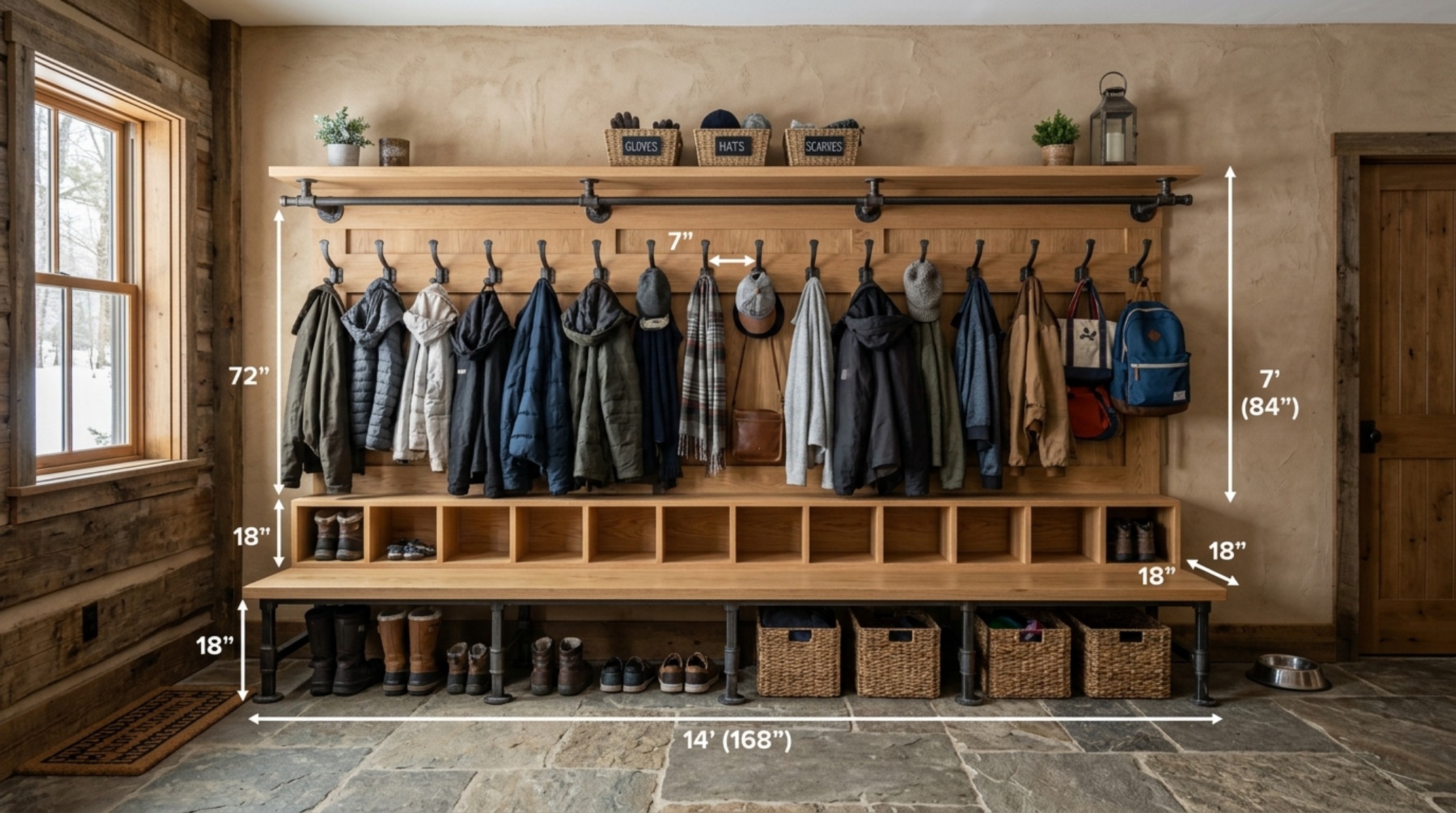 Heavy-duty coat rack dimensions for a multi-functional mudroom unit with structural blocking for maximum weight capacity. Heavy-duty coat rack dimensions for a multi-functional mudroom unit with structural blocking for maximum weight capacity.