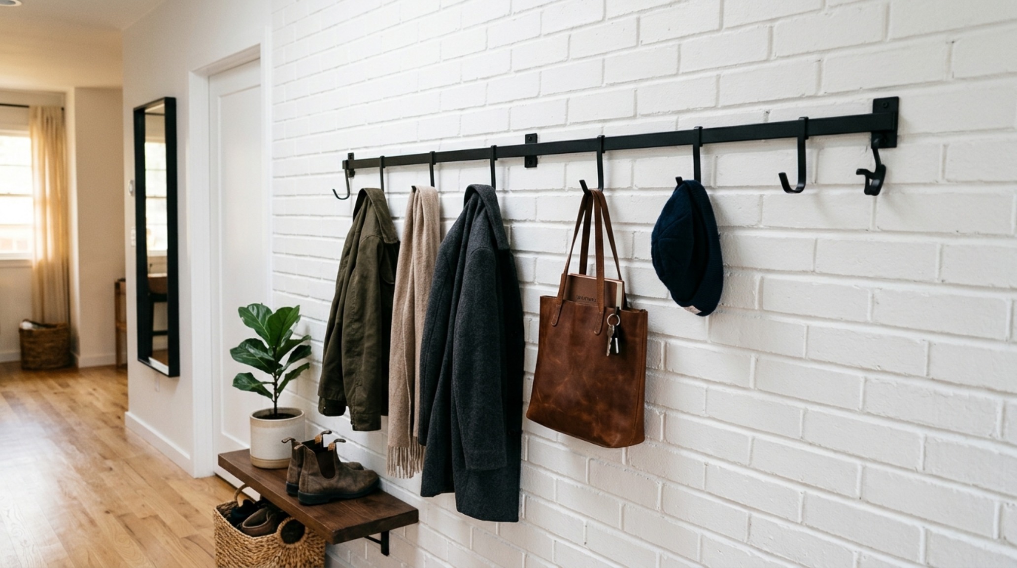 Minimalist coat rack DIY in a Scandinavian-inspired entryway with light ash wood and matte black hardware. Minimalist coat rack DIY in a Scandinavian-inspired entryway with light ash wood and matte black hardware.