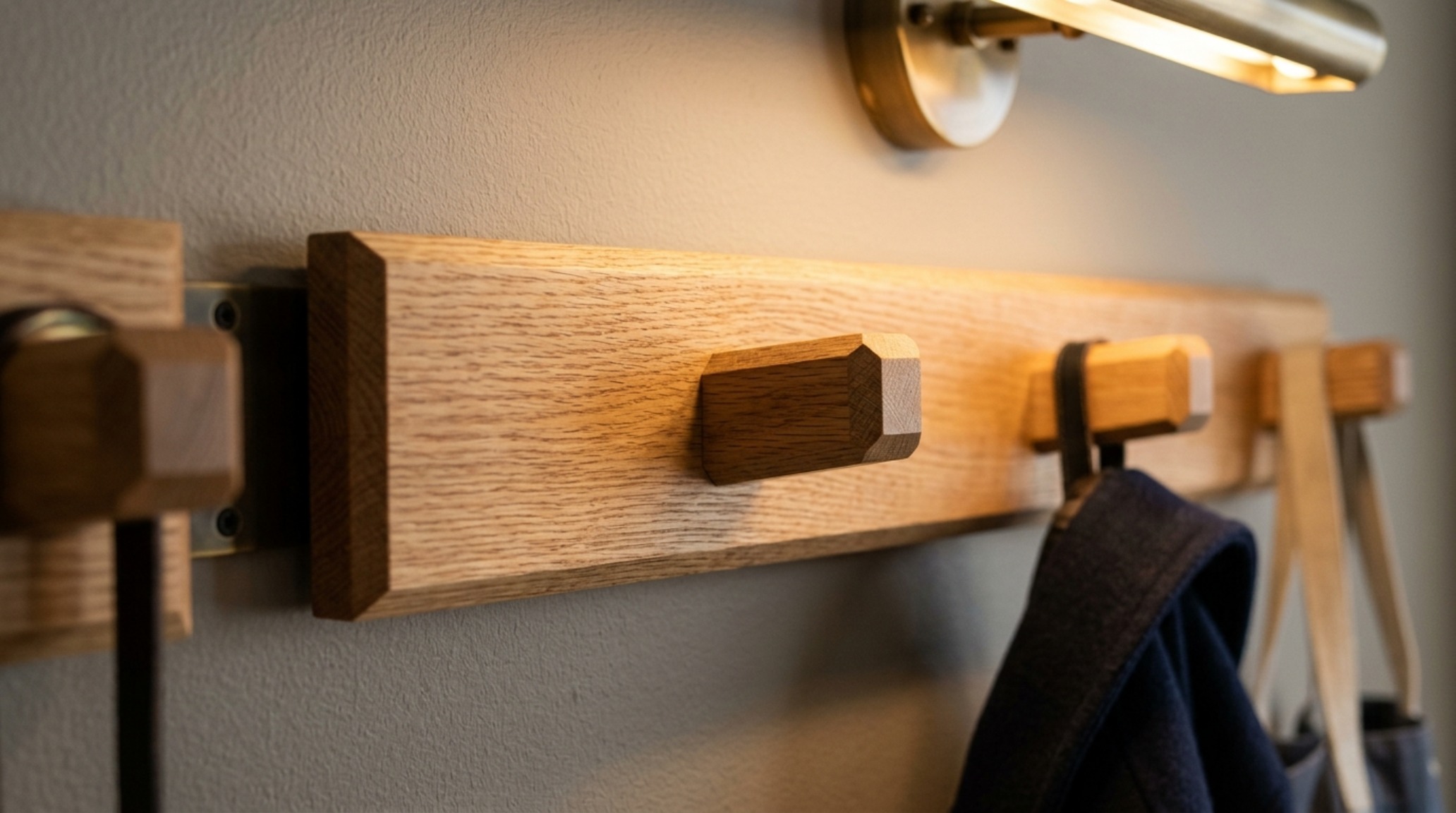 DIY modern coat rack detail showing the grain of the white oak and the precision of the brass hardware fittings. DIY modern coat rack detail showing the grain of the white oak and the precision of the brass hardware fittings.