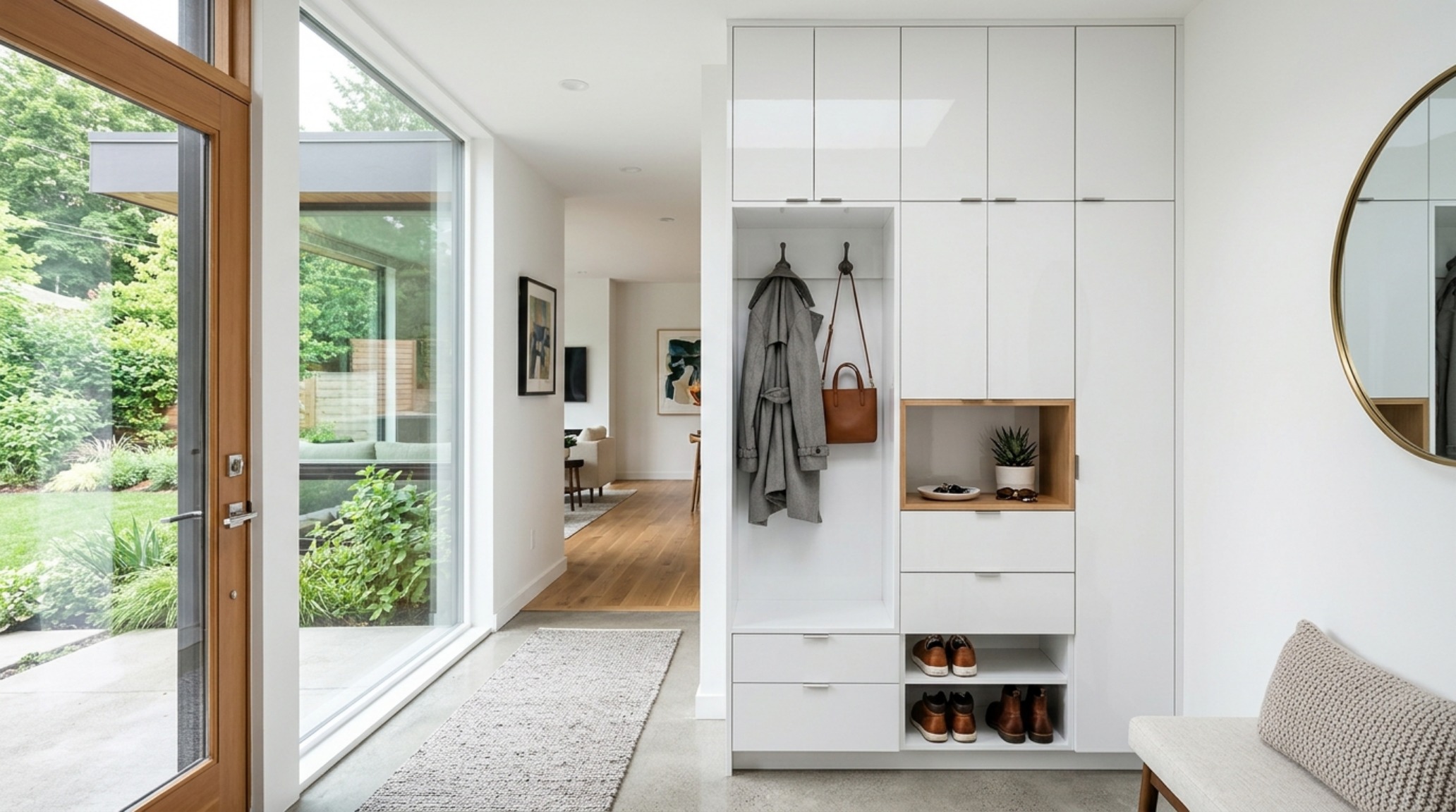 Vertical entryway storage solution maximizing a small footprint with vertical alignment and warm 2700K accent lighting. Vertical entryway storage solution maximizing a small footprint with vertical alignment and warm 2700K accent lighting.