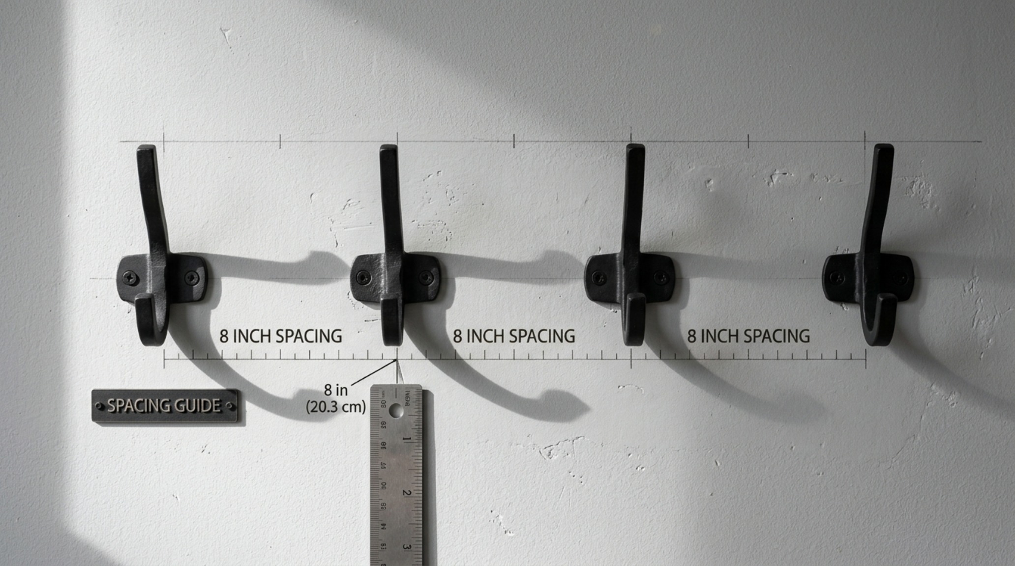 Wall hook spacing guide demonstrated on a charcoal-toned accent wall with perfectly aligned 8-inch intervals for heavy outerwear. Wall hook spacing guide demonstrated on a charcoal-toned accent wall with perfectly aligned 8-inch intervals for heavy outerwear.