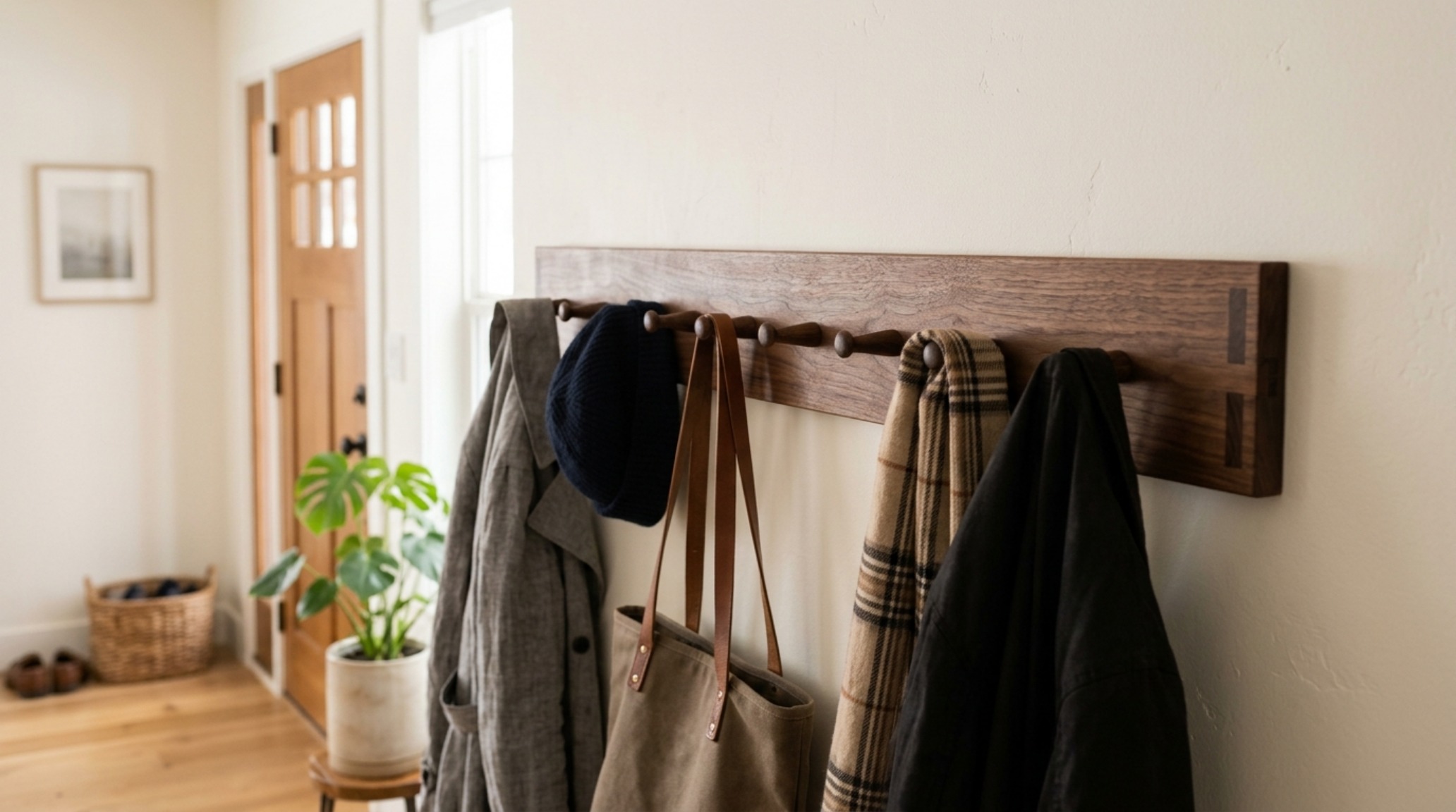 DIY modern coat rack project using rift-sawn walnut and hand-turned pegs for a tactile, artisanal arrival experience. DIY modern coat rack project using rift-sawn walnut and hand-turned pegs for a tactile, artisanal arrival experience.