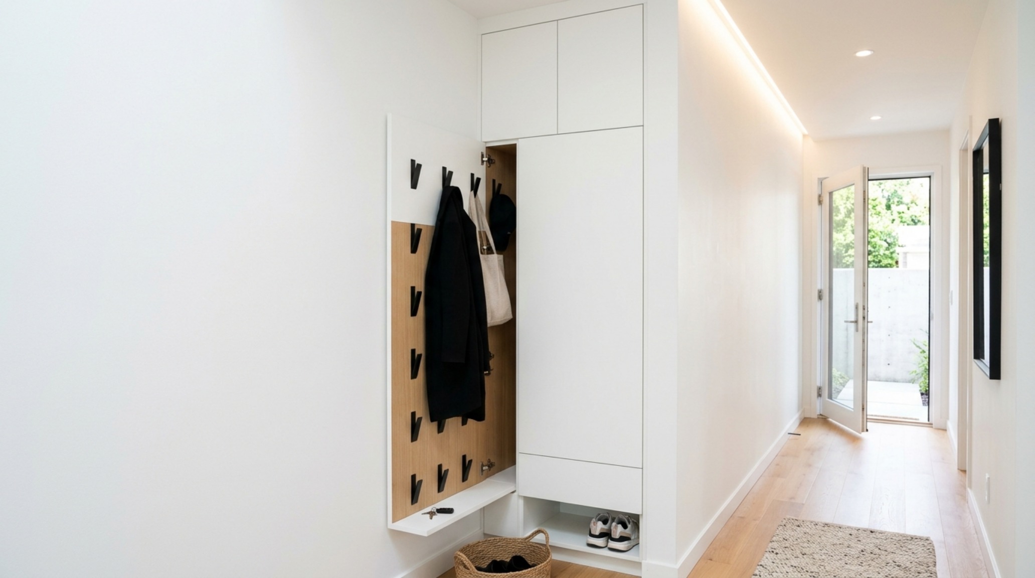 Vertical entryway storage concept with hidden flip-down hooks for a seamless architectural appearance in a narrow hallway. Vertical entryway storage concept with hidden flip-down hooks for a seamless architectural appearance in a narrow hallway.