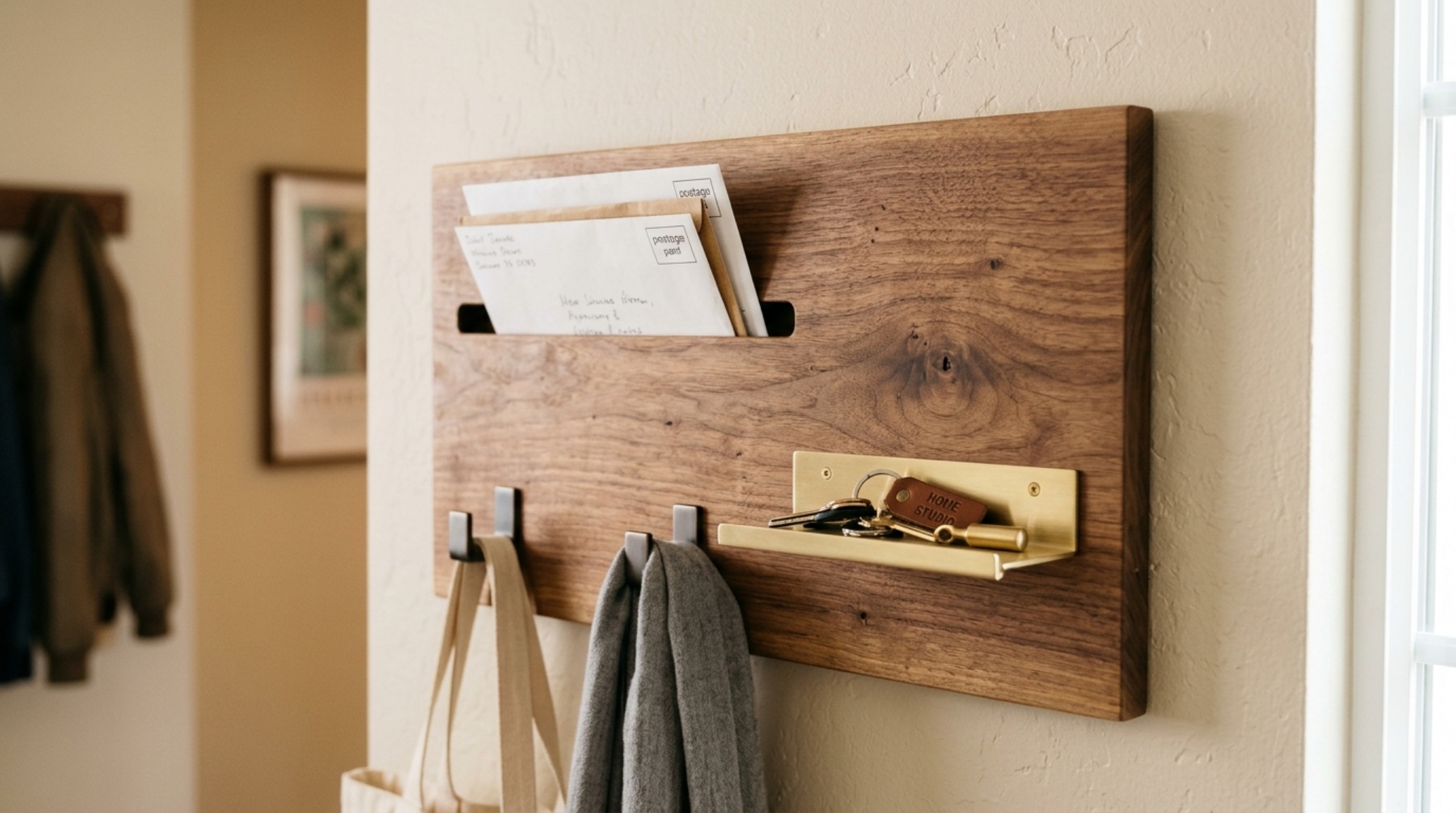 DIY modern coat rack with integrated mail slots and a 1.5-inch ledge for smartphones and EDC items. DIY modern coat rack with integrated mail slots and a 1.5-inch ledge for smartphones and EDC items.
