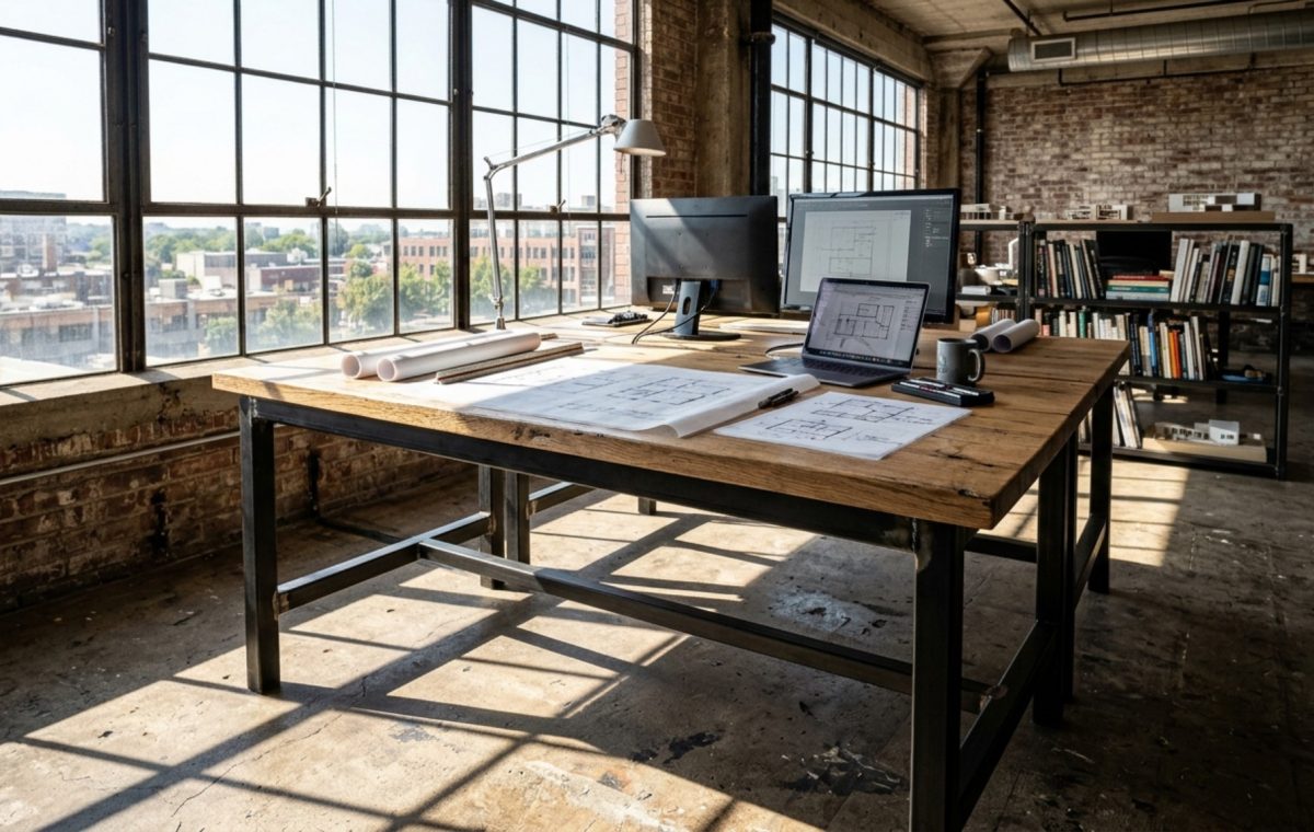 industrial studio desk for architects featuring a heavy-duty steel frame and wide oak work surface in a sun-drenched modern loft.