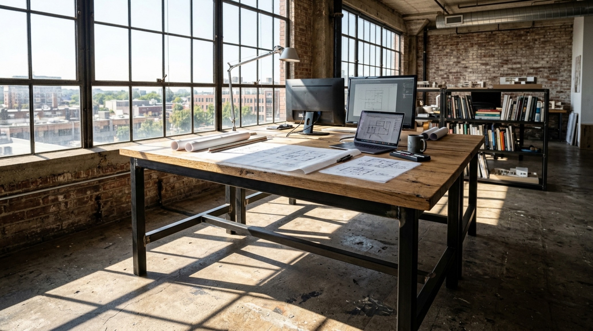 industrial studio desk for architects featuring a heavy-duty steel frame and wide oak work surface in a sun-drenched modern loft. industrial studio desk for architects featuring a heavy-duty steel frame and wide oak work surface in a sun-drenched modern loft.