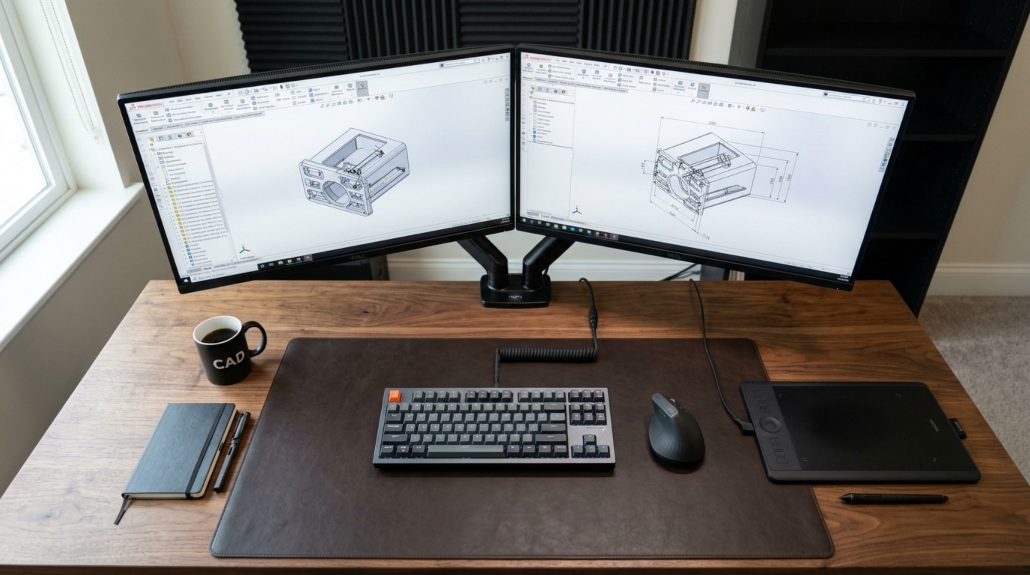 CAD workstation ergonomics layout featuring a leather desk mat and curved monitors to reduce neck strain. CAD workstation ergonomics layout featuring a leather desk mat and curved monitors to reduce neck strain.