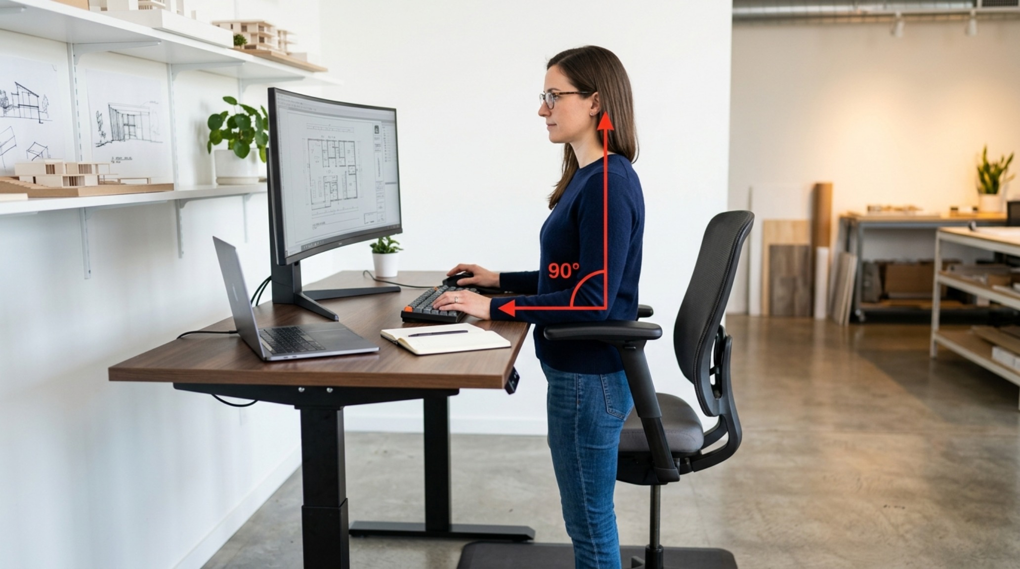 architect desk dimensions guide visual highlighting the 29-inch seated height and neutral spine position. architect desk dimensions guide visual highlighting the 29-inch seated height and neutral spine position.