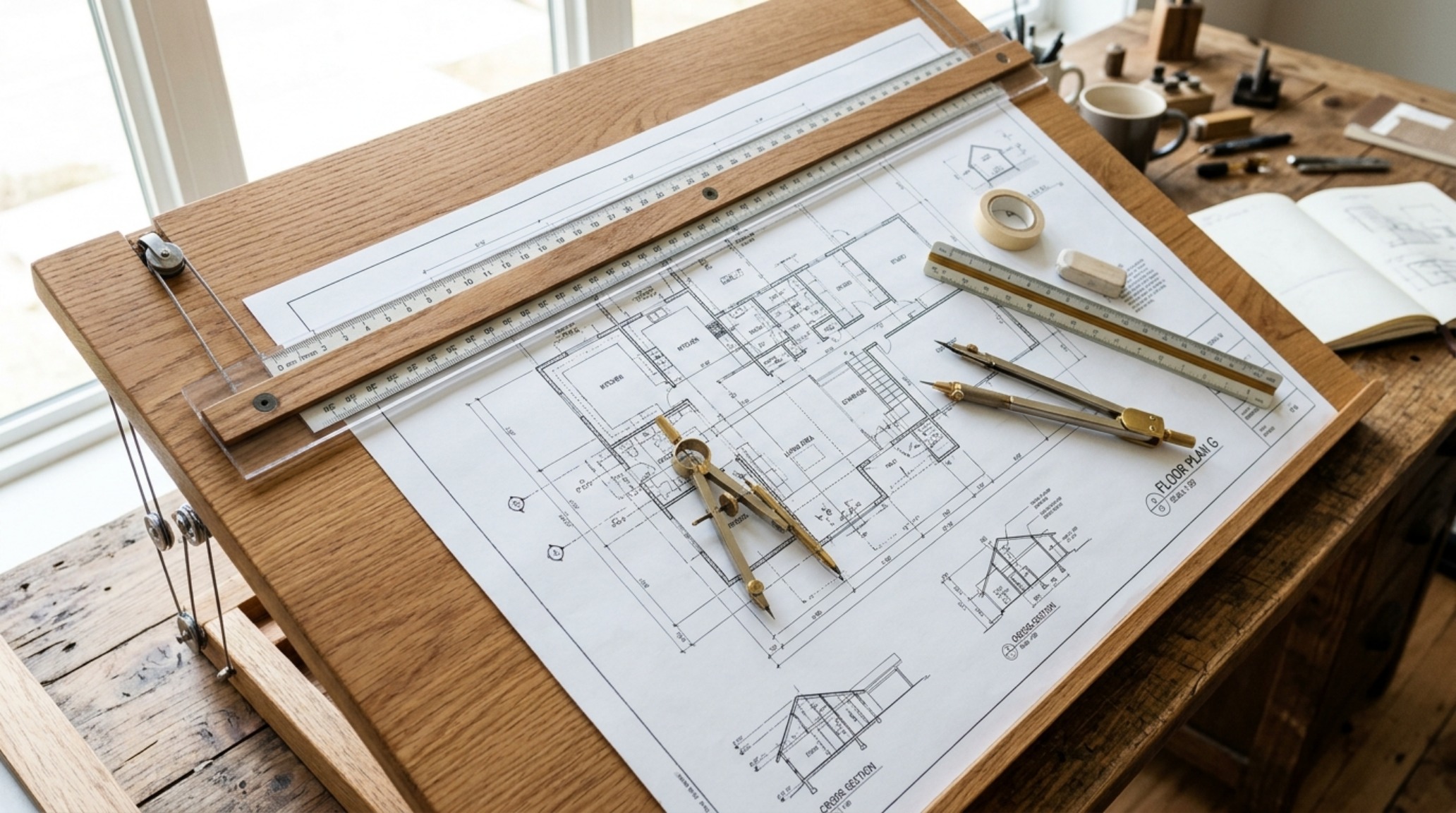 tilting designer workstation showing a large-format blueprint secured on a natural wood surface with a parallel bar. tilting designer workstation showing a large-format blueprint secured on a natural wood surface with a parallel bar.