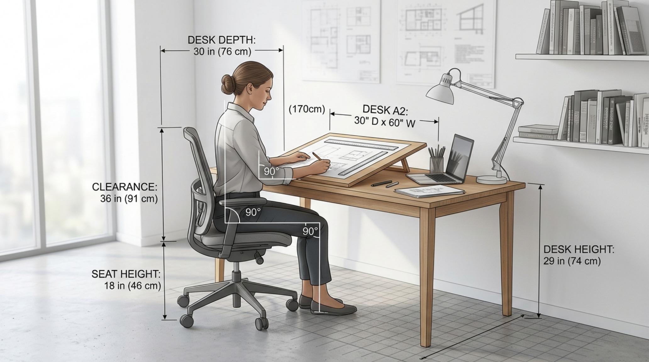 architect desk dimensions guide showing the ideal 30-inch depth and 36-inch walkway clearance in a professional design studio. architect desk dimensions guide showing the ideal 30-inch depth and 36-inch walkway clearance in a professional design studio.