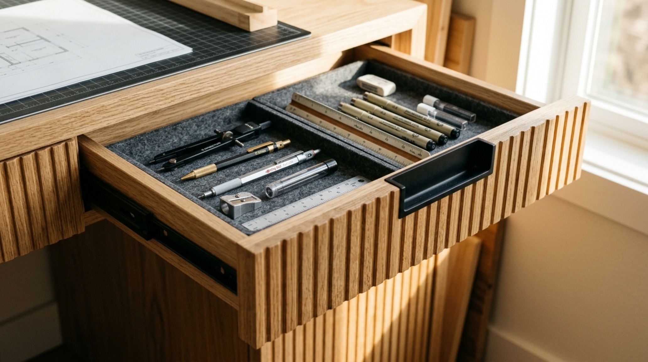 modern architect desk with drawers crafted in fluted white oak with minimalist matte black hardware and integrated cable management. modern architect desk with drawers crafted in fluted white oak with minimalist matte black hardware and integrated cable management.