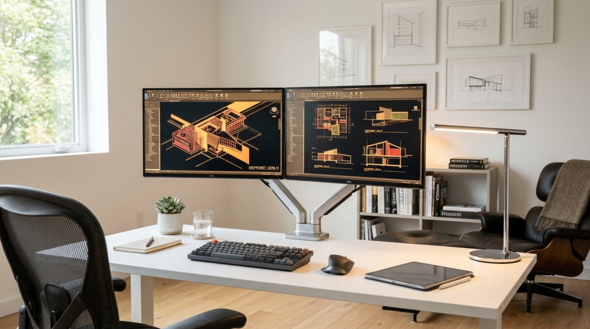 CAD workstation ergonomics setup with dual monitors at eye-level and a high-CRI 3000K task lamp on a sleek professional desk. CAD workstation ergonomics setup with dual monitors at eye-level and a high-CRI 3000K task lamp on a sleek professional desk.
