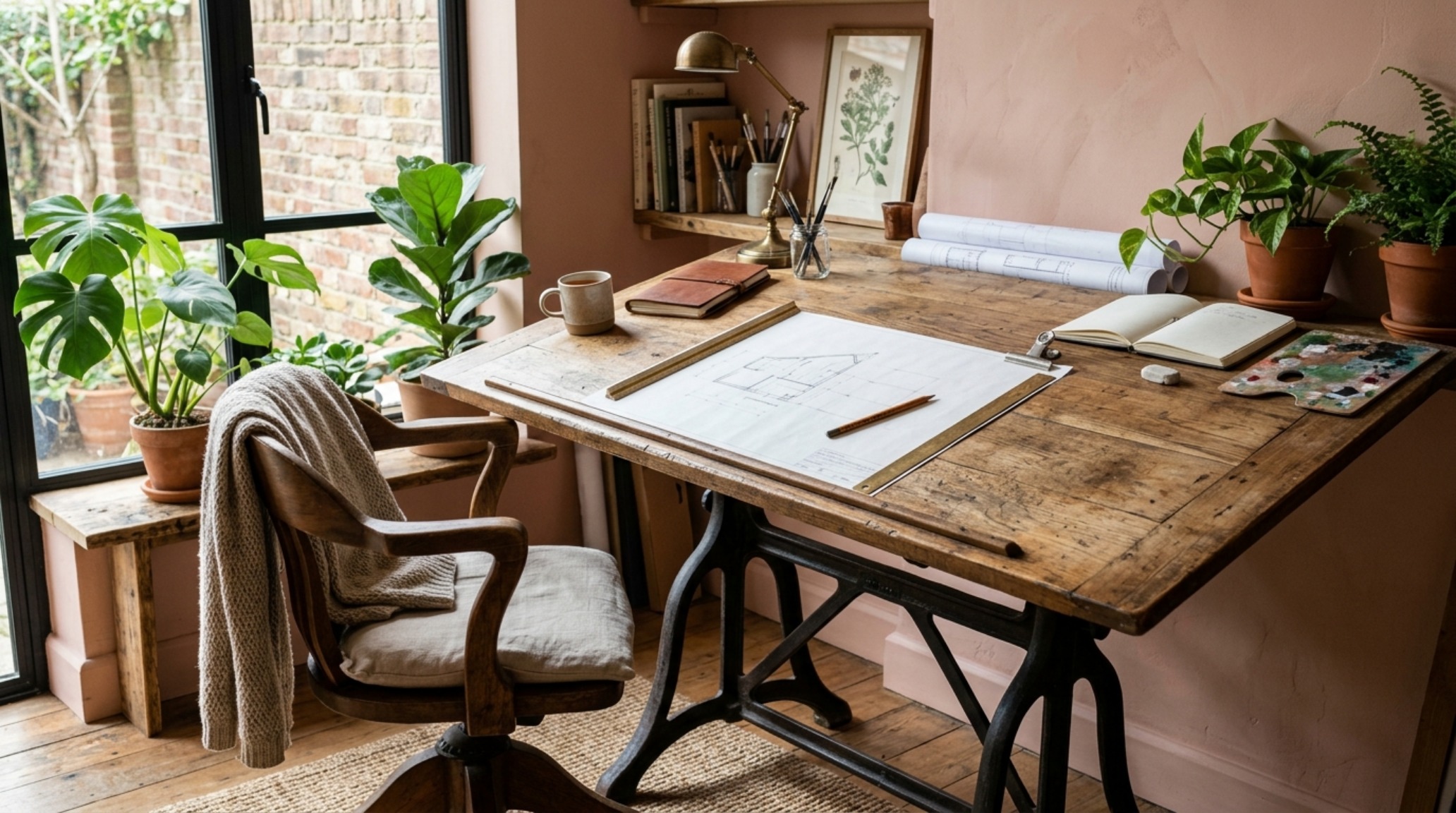 vintage wood drafting table for home office paired with a modern ergonomic chair and walls painted in Farrow & Ball Setting Plaster. vintage wood drafting table for home office paired with a modern ergonomic chair and walls painted in Farrow & Ball Setting Plaster.