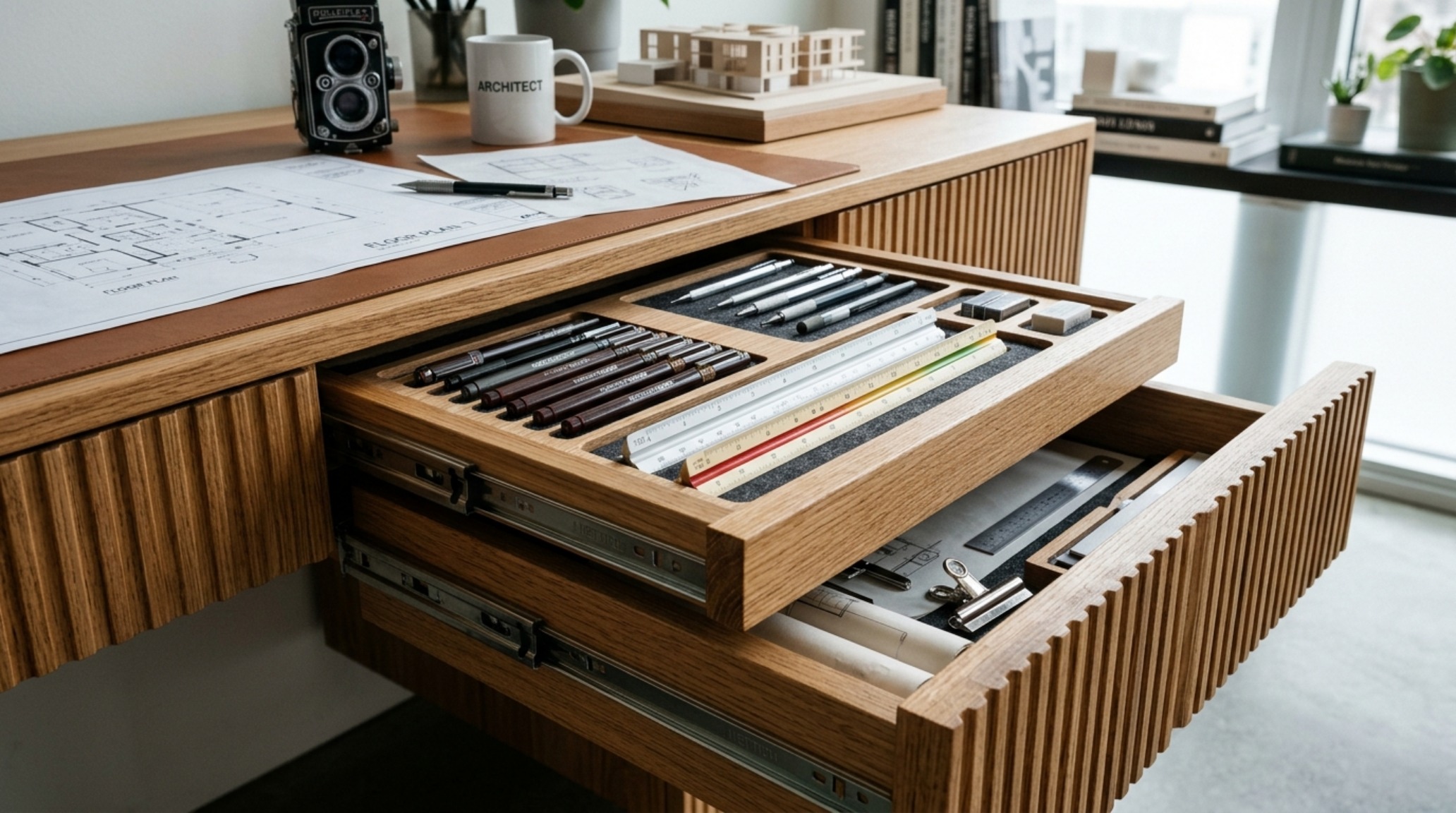 modern architect desk with drawers showcasing shallow felt-lined compartments for technical pens and scale rulers. modern architect desk with drawers showcasing shallow felt-lined compartments for technical pens and scale rulers.