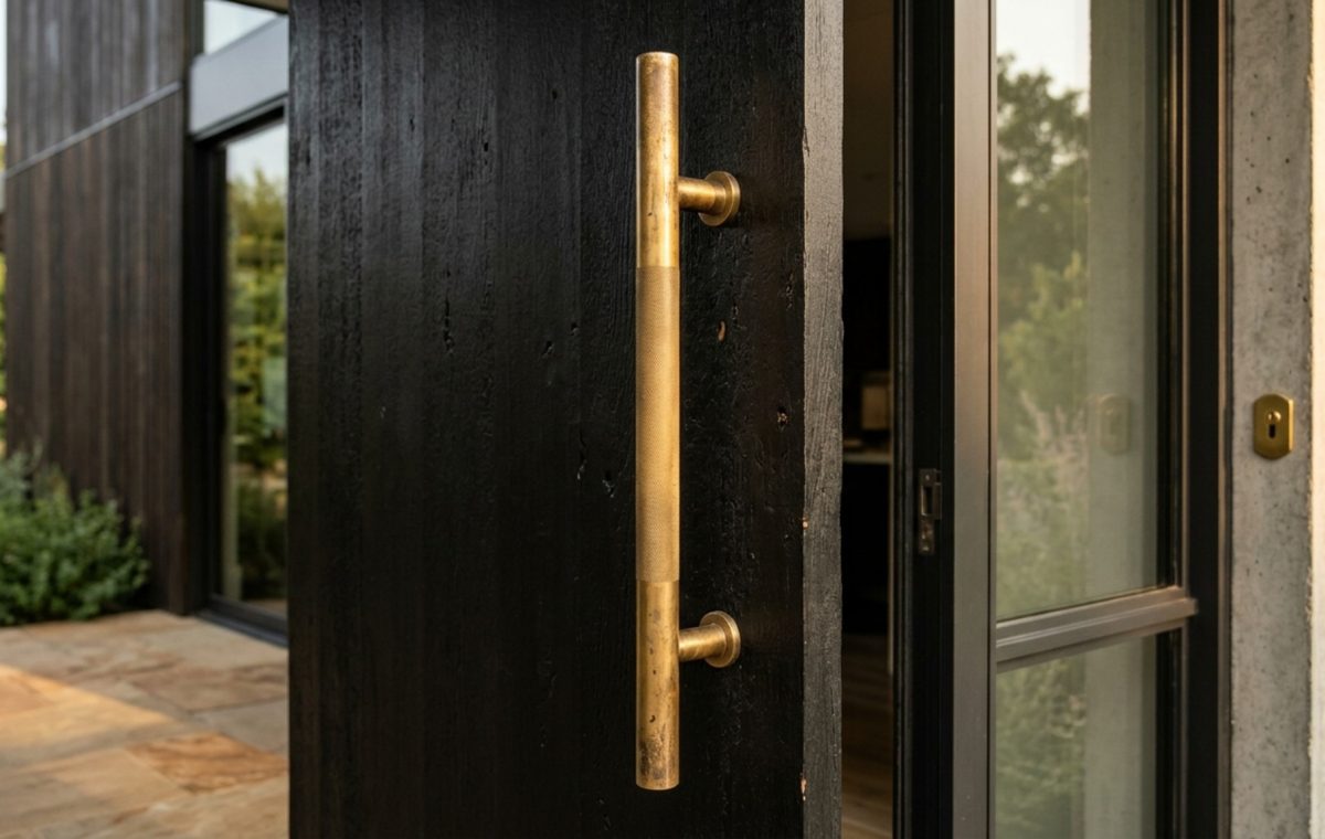 contemporary front door hardware in unlacquered brass mounted on a solid matte black door with oversized vertical pull