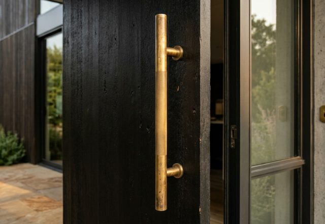 contemporary front door hardware in unlacquered brass mounted on a solid matte black door with oversized vertical pull