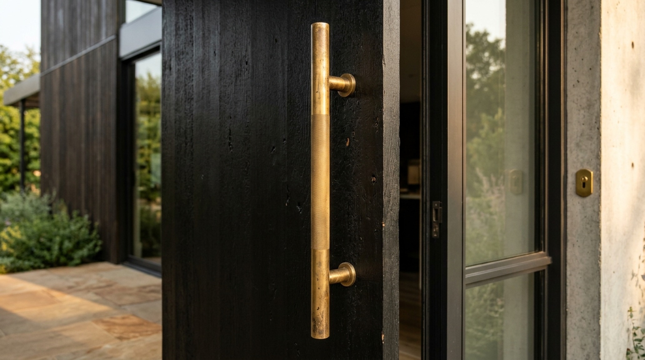 contemporary front door hardware in unlacquered brass mounted on a solid matte black door with oversized vertical pull contemporary front door hardware in unlacquered brass mounted on a solid matte black door with oversized vertical pull