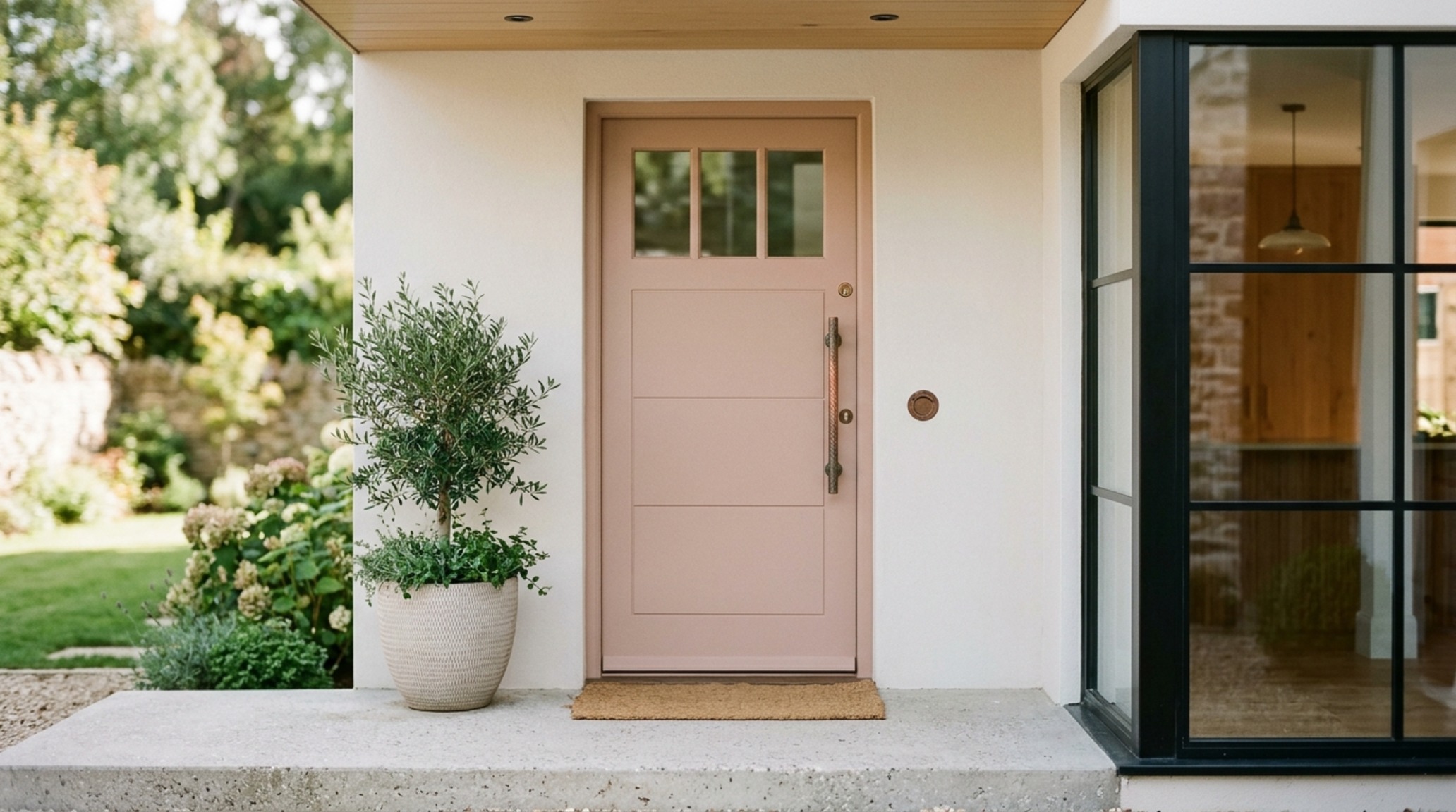 modern front door color trends featuring a soft terracotta 'Setting Plaster' door color against a lime-washed brick facade modern front door color trends featuring a soft terracotta 'Setting Plaster' door color against a lime-washed brick facade