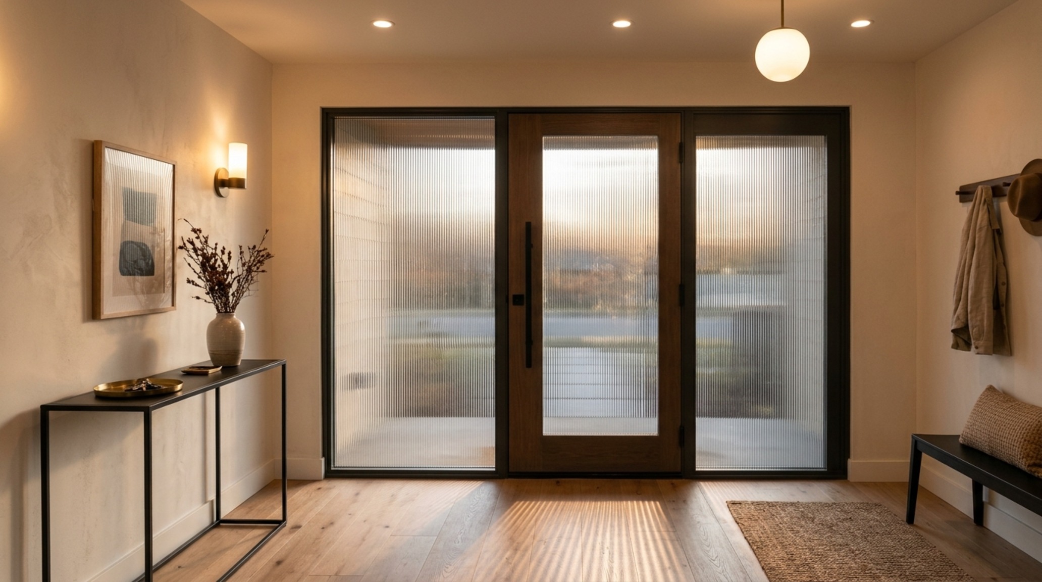 front door privacy glass ideas showing reeded glass panels that diffuse light into a minimalist foyer with white oak accents front door privacy glass ideas showing reeded glass panels that diffuse light into a minimalist foyer with white oak accents