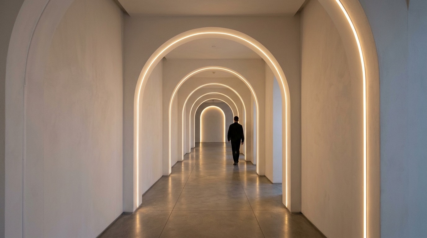 Narrow hallway design featuring a series of minimalist archways illuminated by soft, diffused smart lights.