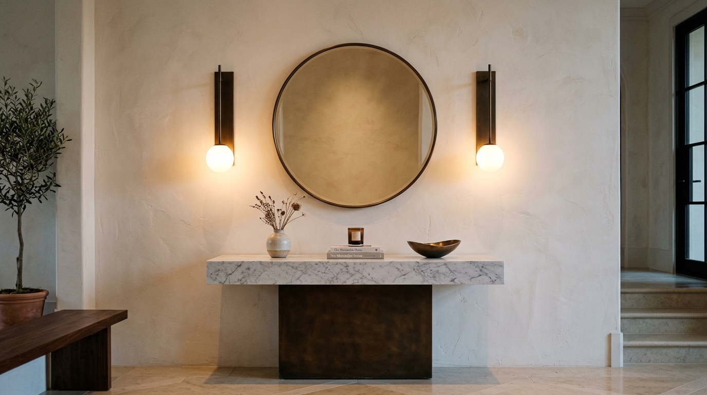 Symmetry in a narrow foyer with twin sconces providing high-performance task lighting over a marble ledge.
