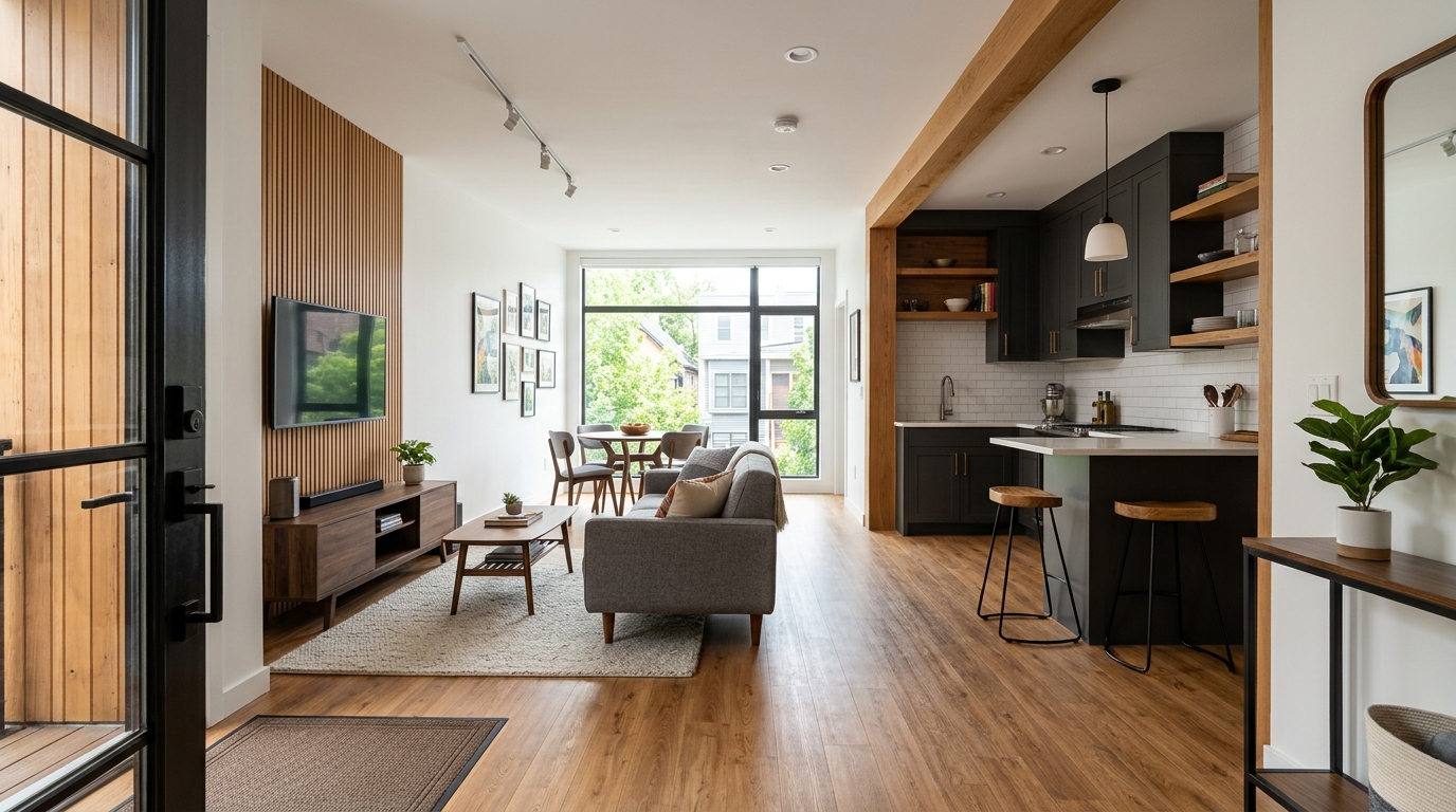 Wide-angle view of a modern apartment entry with a seamless flow from the front door to the main living area.