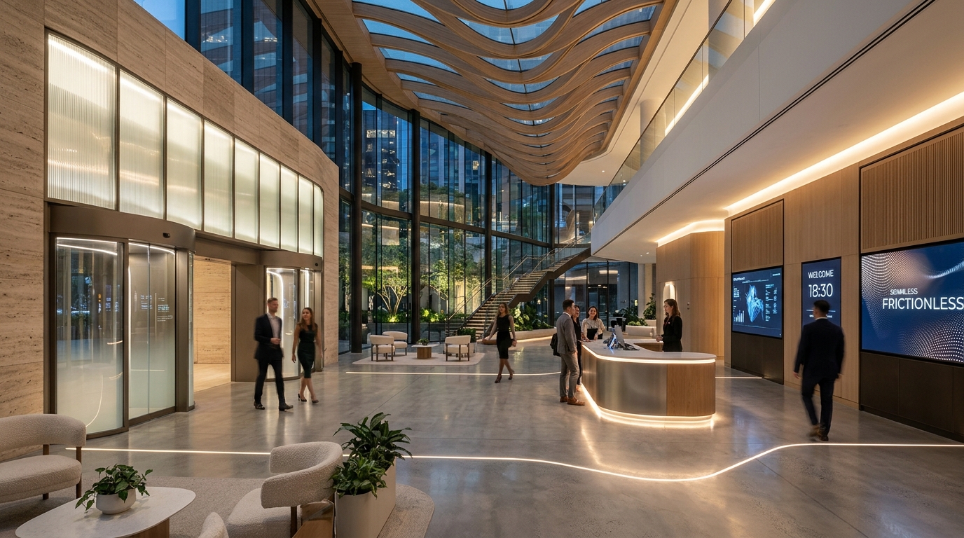 The ultimate frictionless foyer with automated lighting, clear sightlines, and a tactile materiality that welcomes guests.