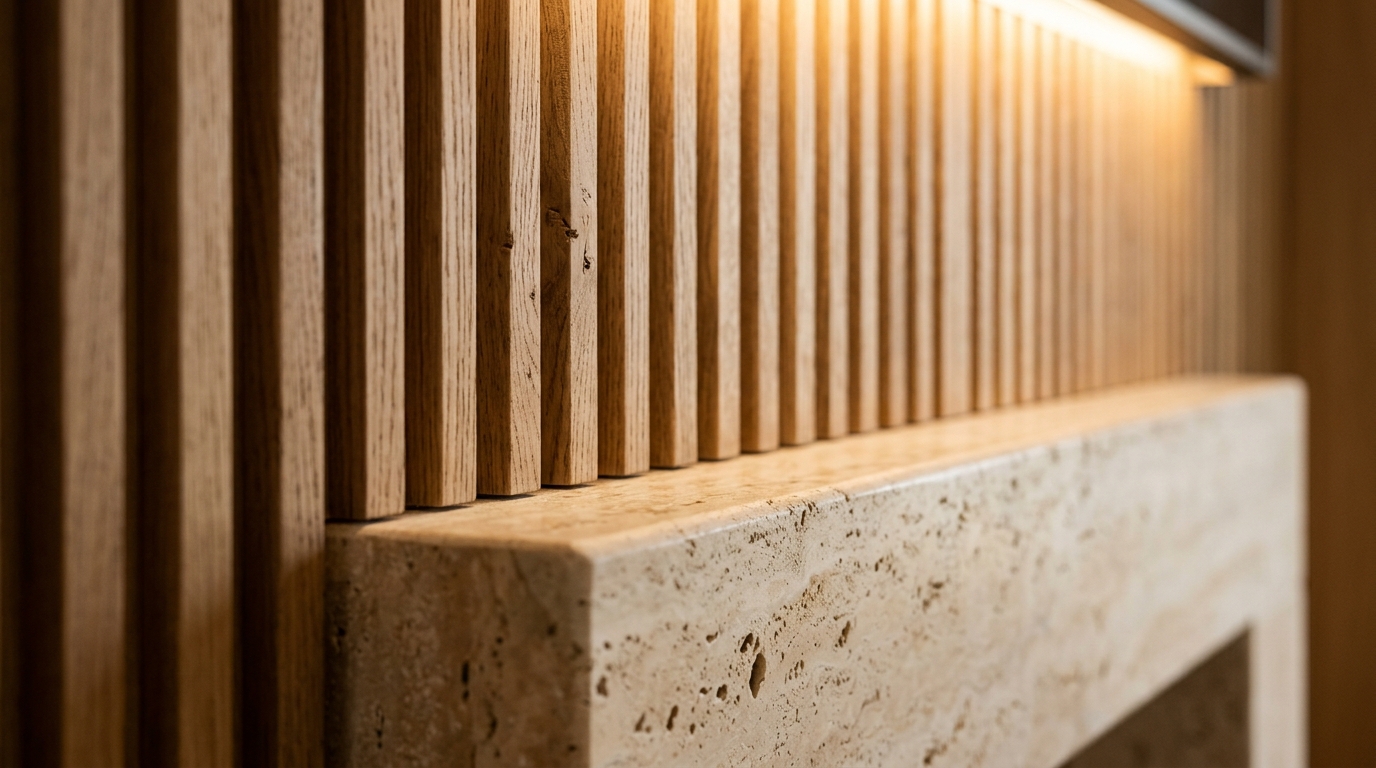Close-up detail of fluted white oak wall paneling and a honed stone ledge under warm 2700K accent lighting.