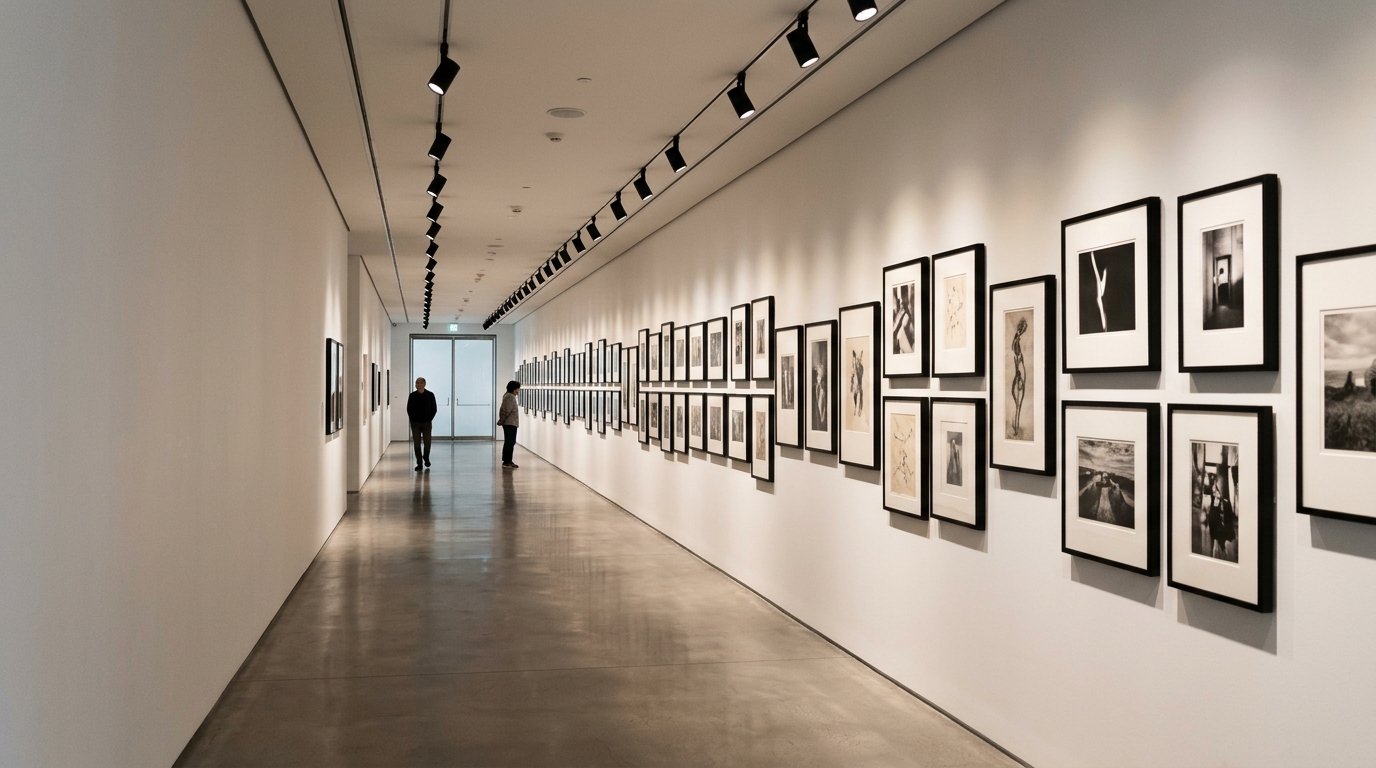 Longitudinal view of a narrow hallway featuring recessed 3000K task lighting highlighting a curated art gallery wall.