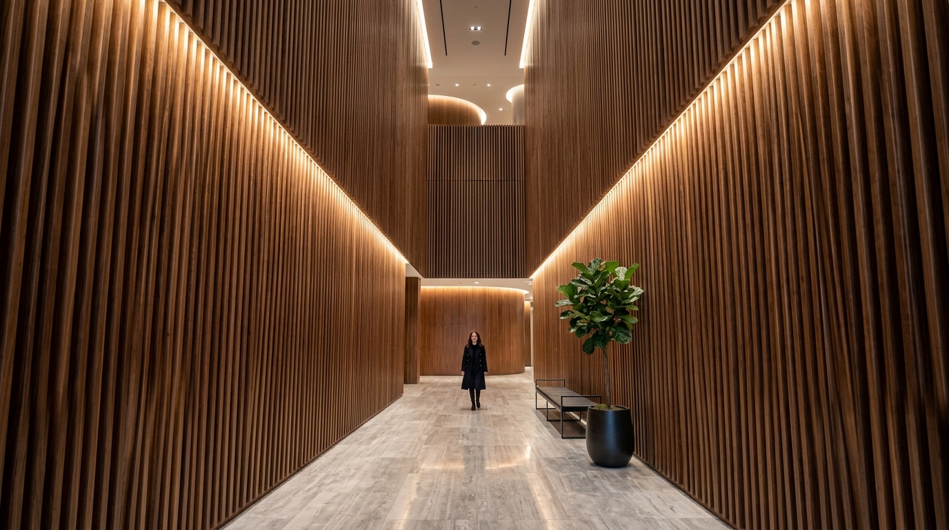 Vertical perspective of a small entryway with floor-to-ceiling fluted wood panels and hidden LED strips in the ceiling cove.