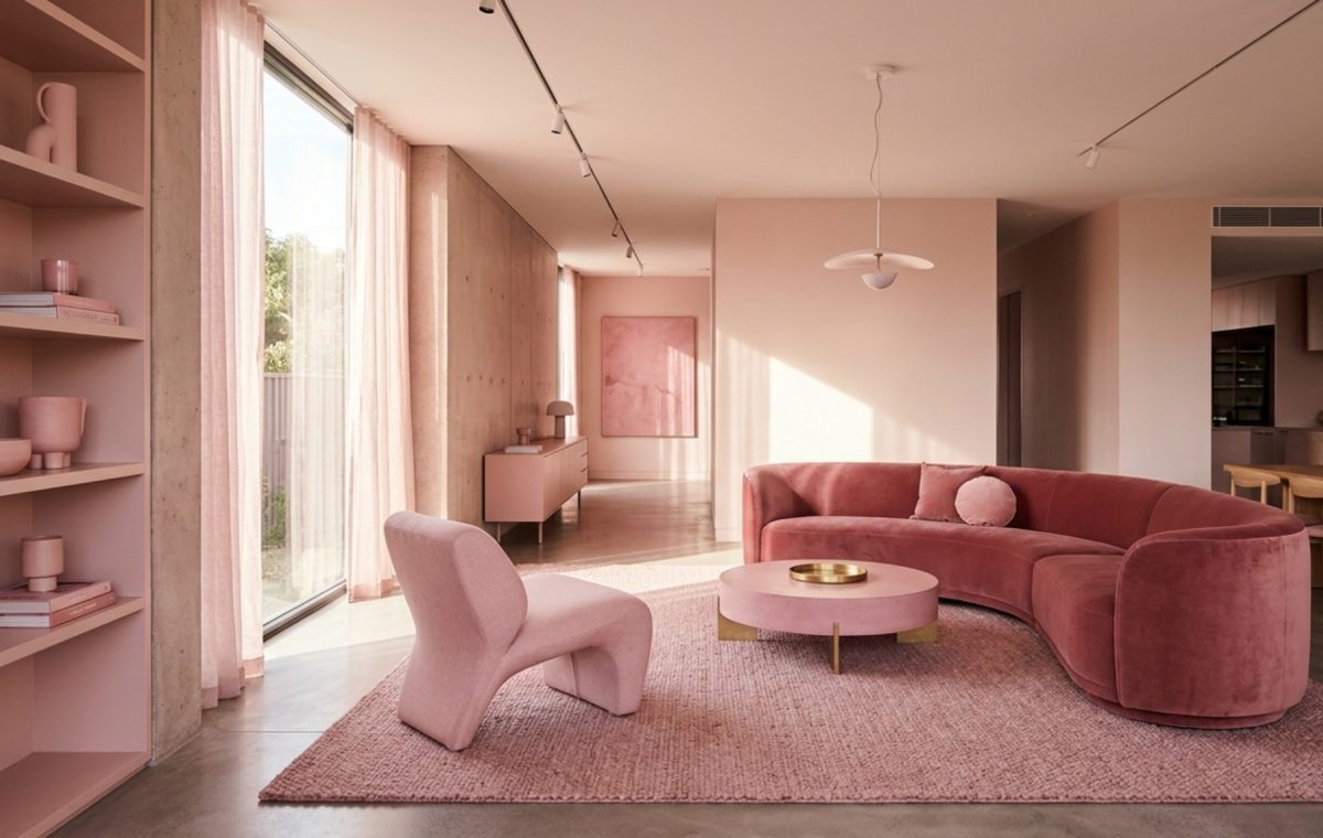 Sophisticated living room with pink monochromatic palette and 36-inch standard walkways illustrating barbie movie dreamhouse pink paint shortage decor ideas.