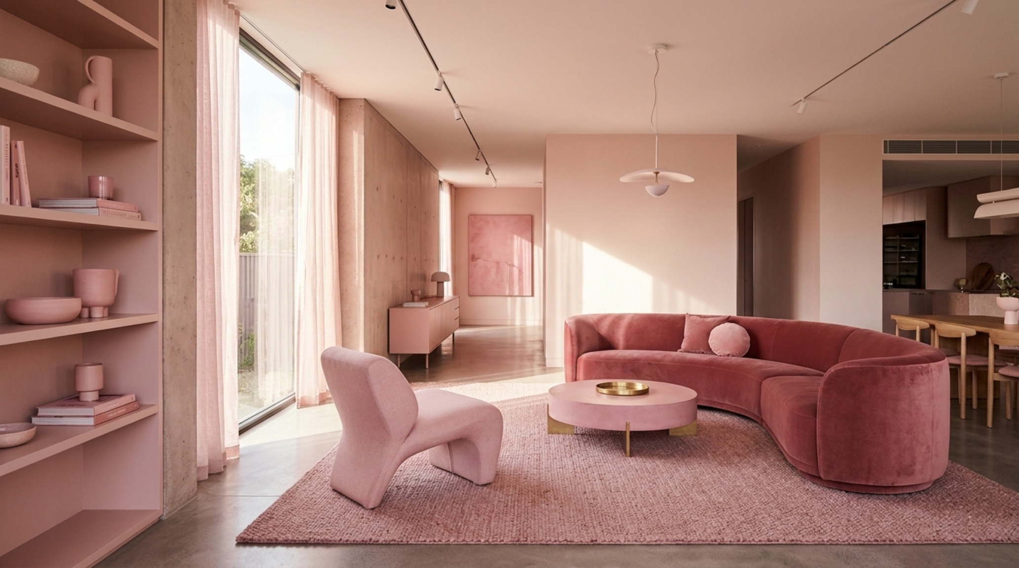 Sophisticated living room with pink monochromatic palette and 36-inch standard walkways illustrating barbie movie dreamhouse pink paint shortage decor ideas. Sophisticated living room with pink monochromatic palette and 36-inch standard walkways illustrating barbie movie dreamhouse pink paint shortage decor ideas.