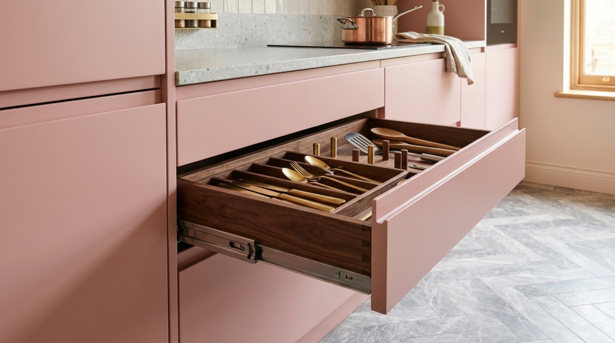 Custom pink cabinetry with soft-close mechanisms and integrated finger pulls for a clutter-free maximalist aesthetic. Custom pink cabinetry with soft-close mechanisms and integrated finger pulls for a clutter-free maximalist aesthetic.