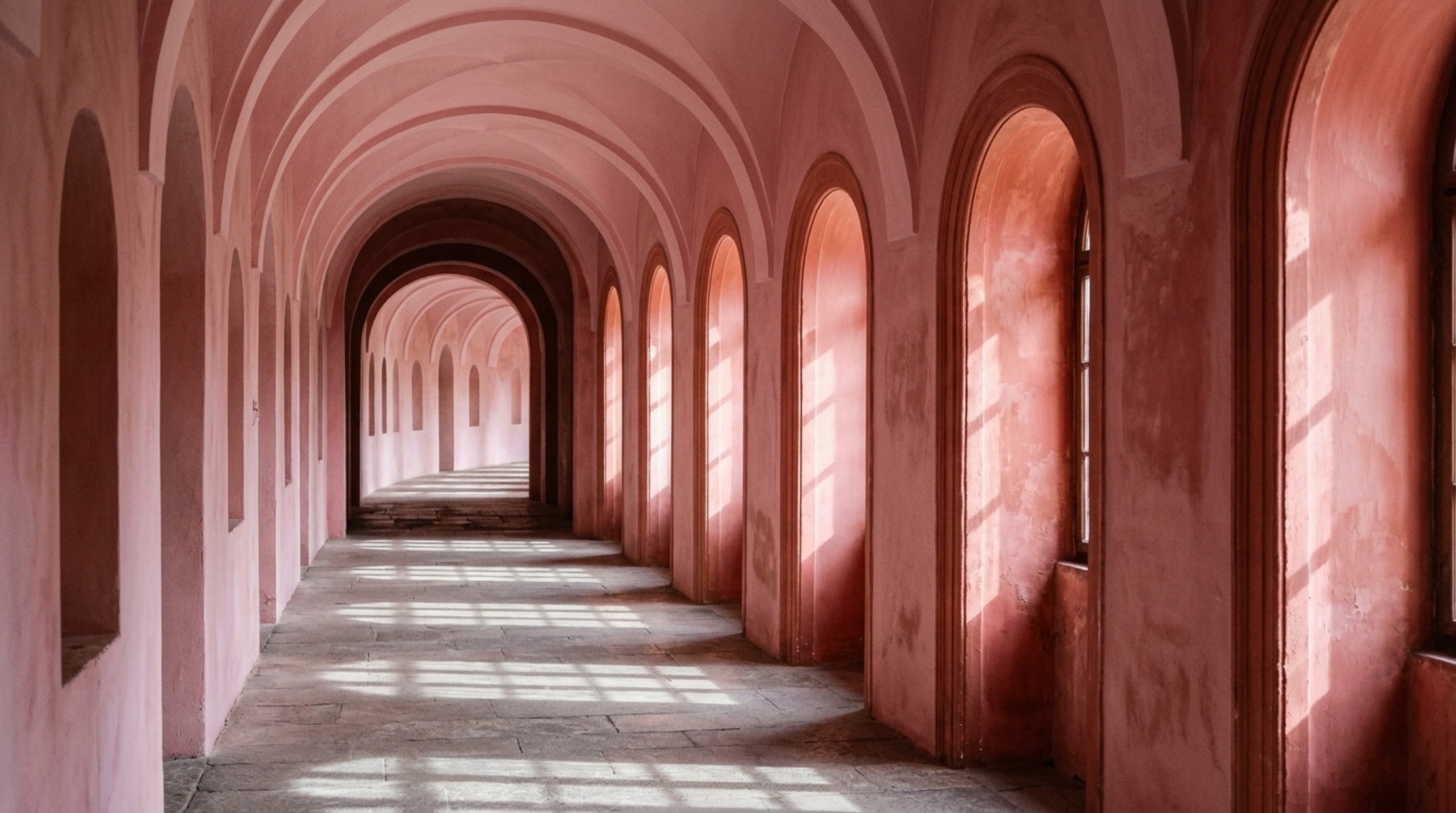 Architectural sightline through a series of pink-drenched arched doorways, showcasing geometric depth and spatial cadence. Architectural sightline through a series of pink-drenched arched doorways, showcasing geometric depth and spatial cadence.