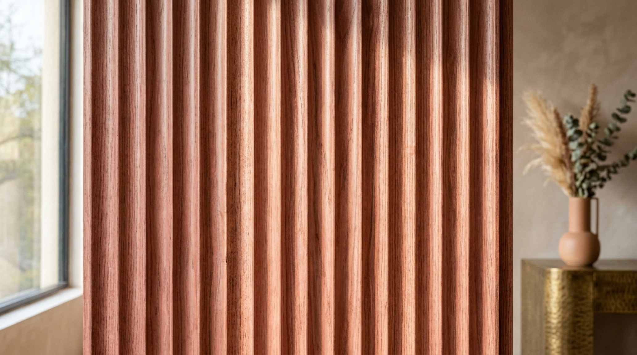 Close-up of a fluted wall detail washed in translucent rose lacquer, a clever alternative during the Rosco paint shortage. Close-up of a fluted wall detail washed in translucent rose lacquer, a clever alternative during the Rosco paint shortage.