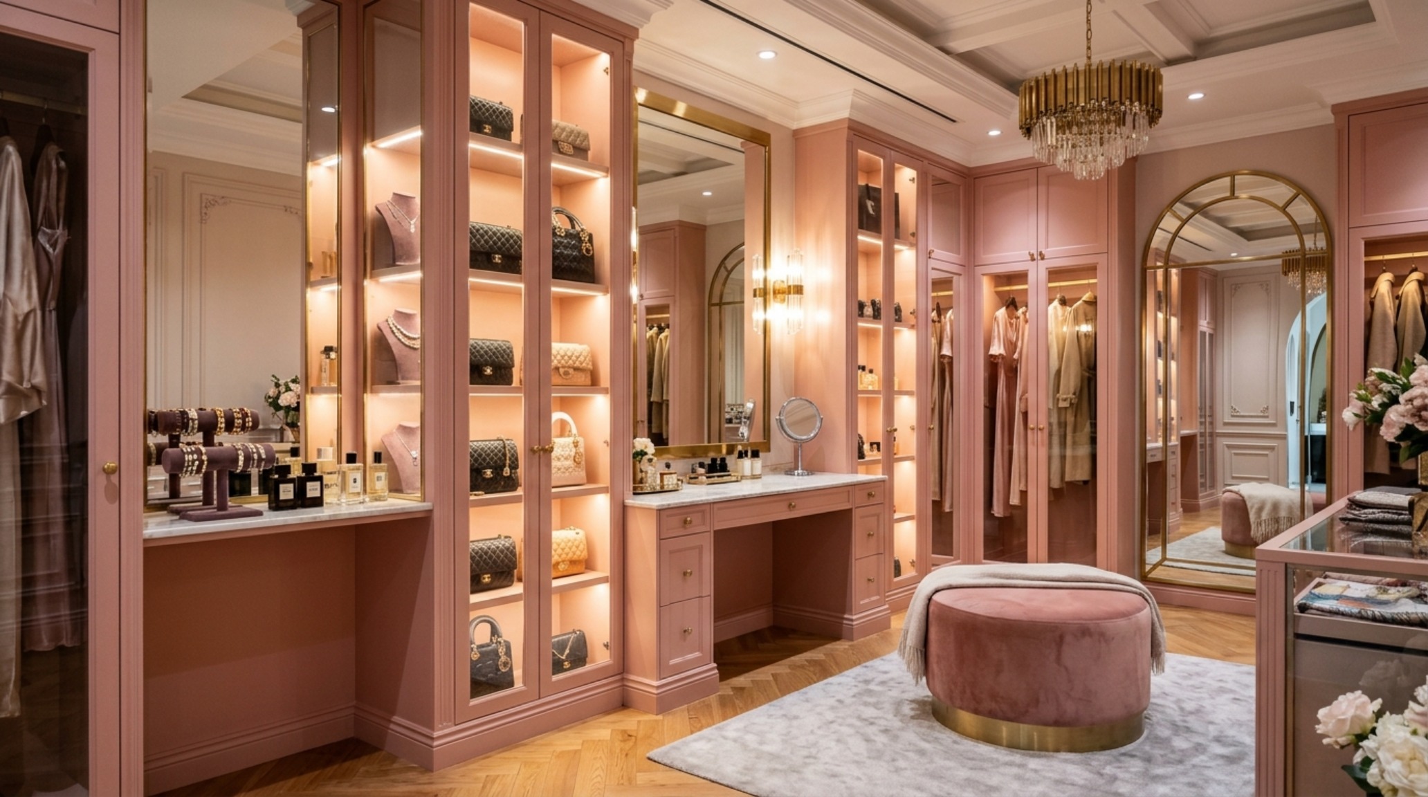 A modern pink dressing room with bespoke pull-out shelving and warm diffused linear LED lighting. A modern pink dressing room with bespoke pull-out shelving and warm diffused linear LED lighting.