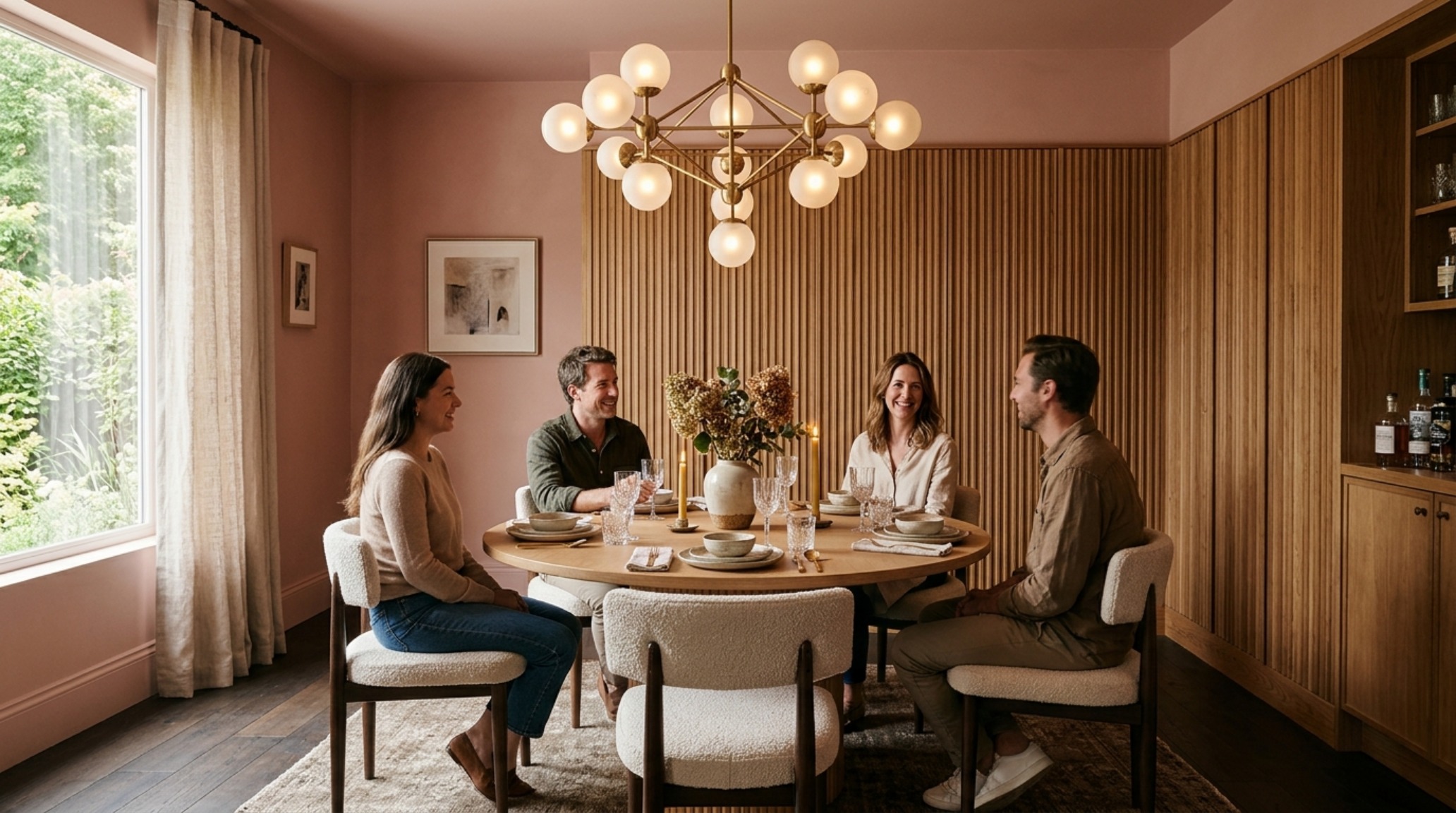 Editorial view of a pink maximalist dining area with 30-inch chair clearance and fluted white oak accents under directional lighting. Editorial view of a pink maximalist dining area with 30-inch chair clearance and fluted white oak accents under directional lighting.