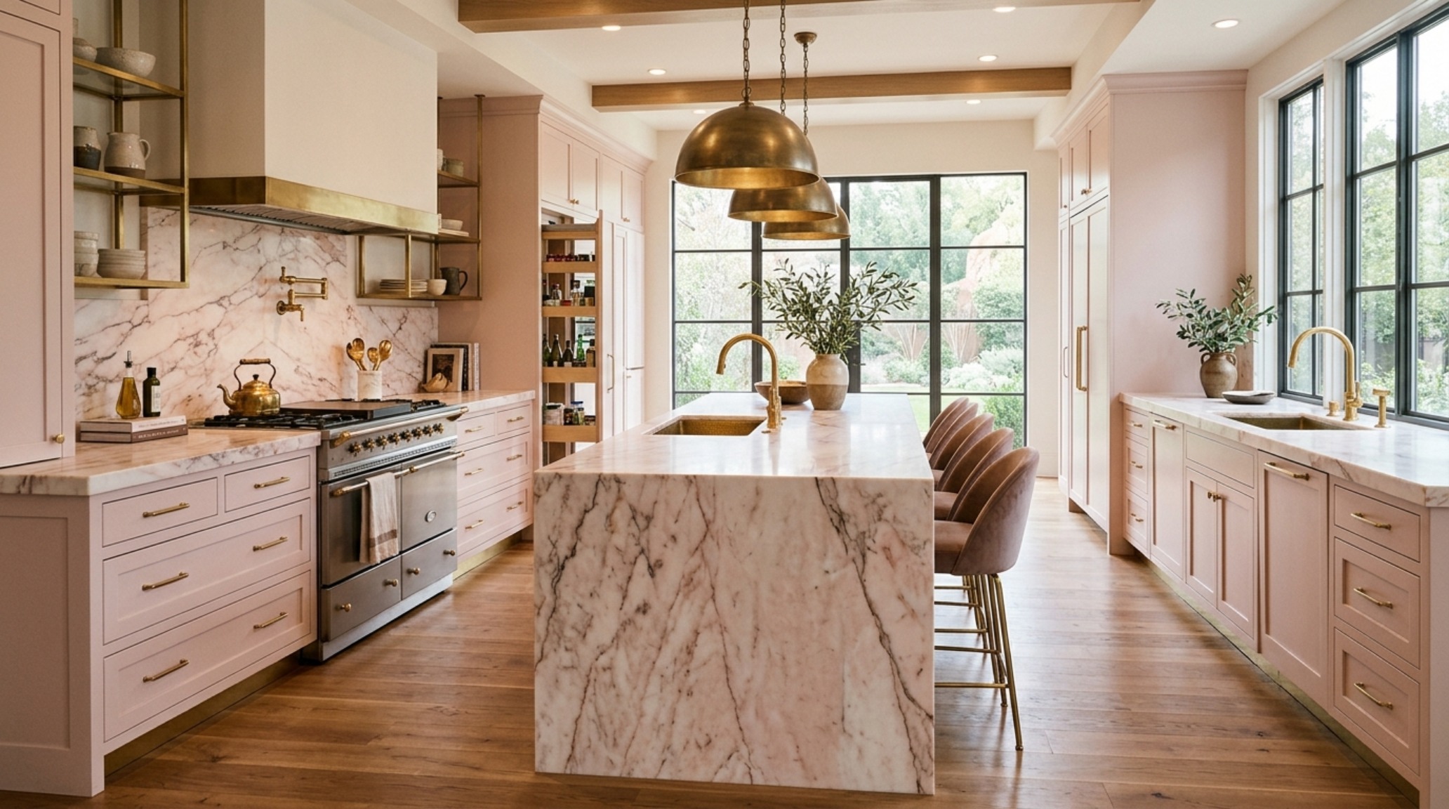 High-end kitchen featuring pink-veined marble countertops and 42-inch wide aisles, demonstrating ergonomic dreamhouse interior architecture. High-end kitchen featuring pink-veined marble countertops and 42-inch wide aisles, demonstrating ergonomic dreamhouse interior architecture.