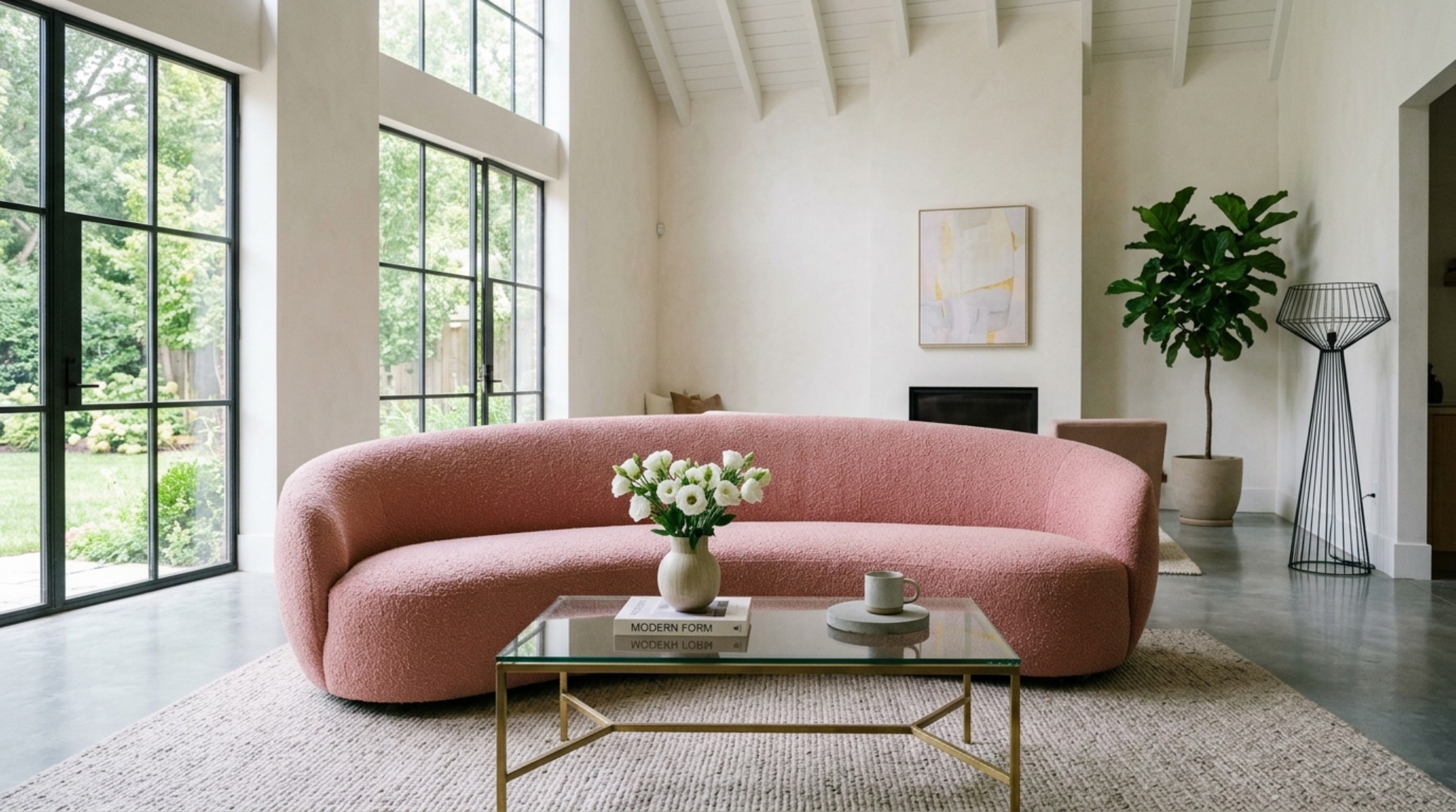 A sculptural bouclé sofa in a rose-toned living space with an 18-inch reach to a glass coffee table, highlighting spatial flow. A sculptural bouclé sofa in a rose-toned living space with an 18-inch reach to a glass coffee table, highlighting spatial flow.