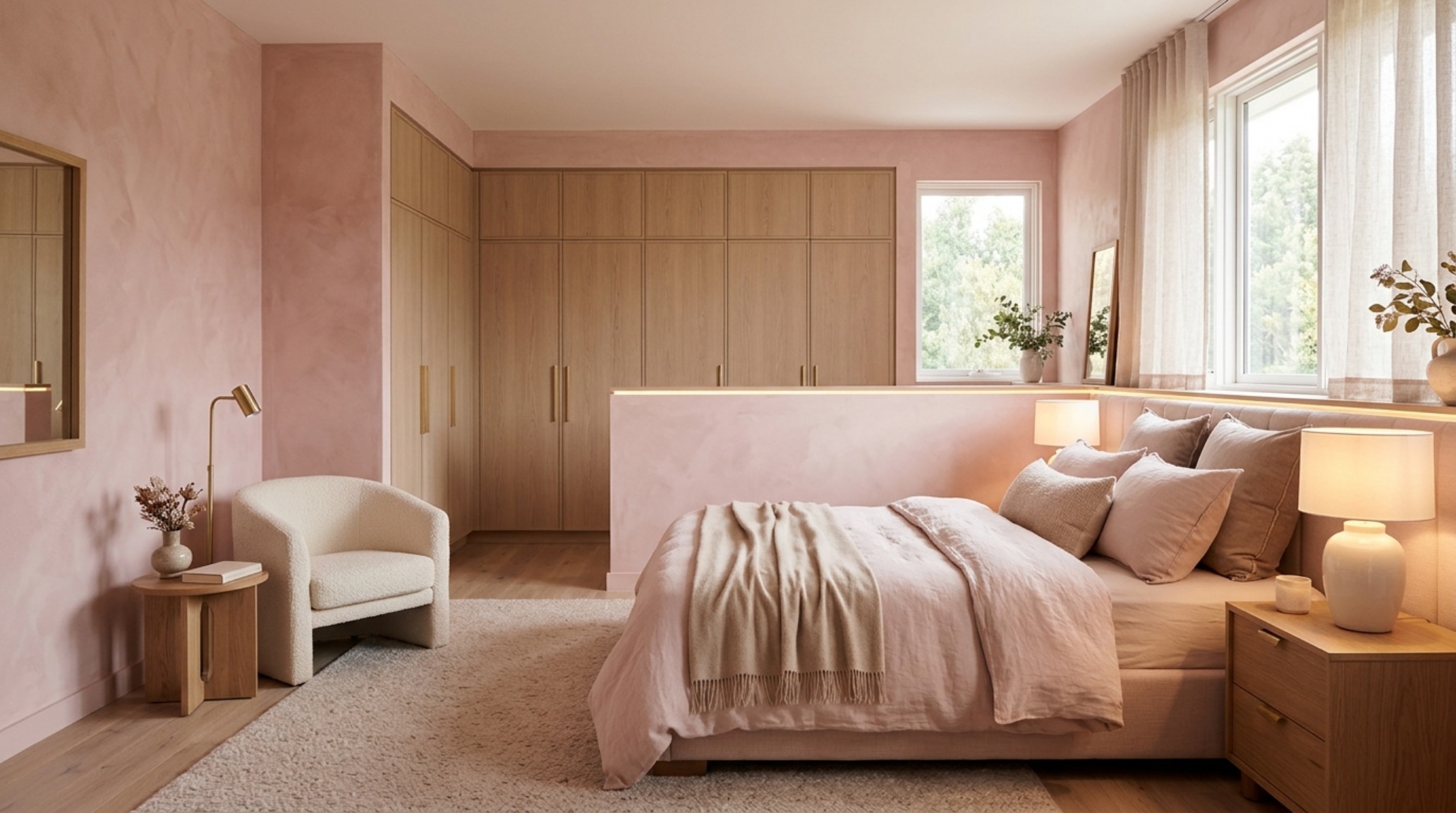 A primary suite with sueded limewash walls in dusty pink and custom floor-to-ceiling cabinetry for modern storage solutions. A primary suite with sueded limewash walls in dusty pink and custom floor-to-ceiling cabinetry for modern storage solutions.