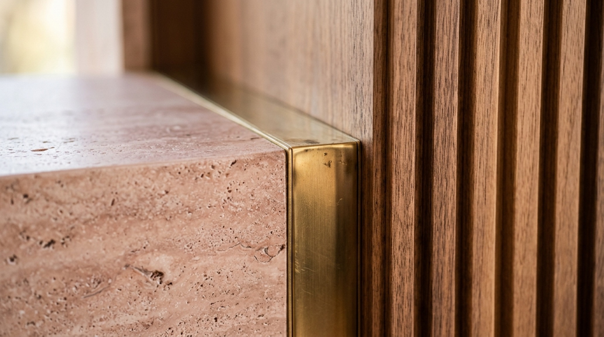 Detail shot of honed travertine surfaces and polished brass hardware in a Barbiecore-inspired bathroom layout. Detail shot of honed travertine surfaces and polished brass hardware in a Barbiecore-inspired bathroom layout.