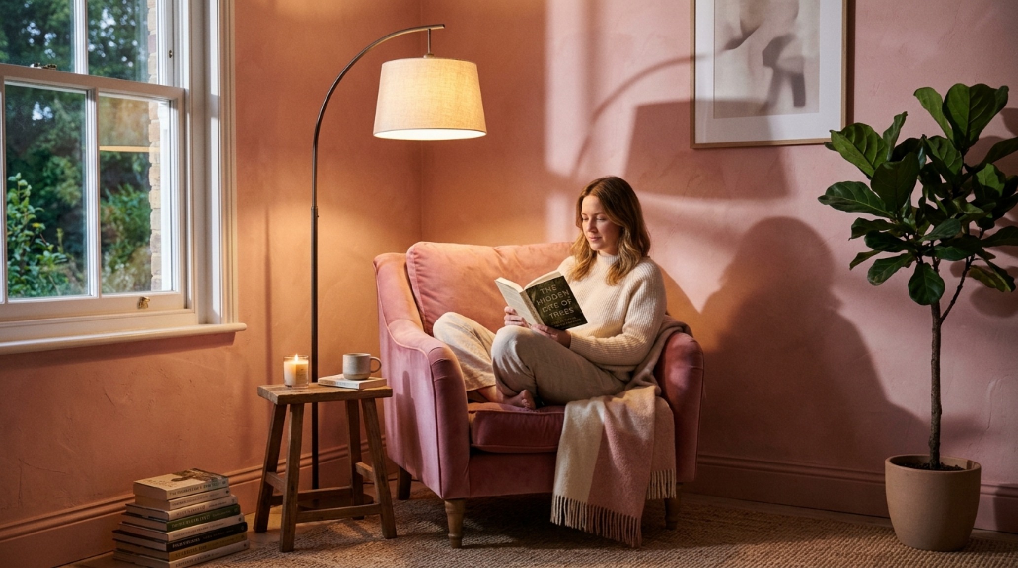 Lush pink velvet armchair positioned for optimal light in a corner with 2700K warm ambient mood lighting. Lush pink velvet armchair positioned for optimal light in a corner with 2700K warm ambient mood lighting.