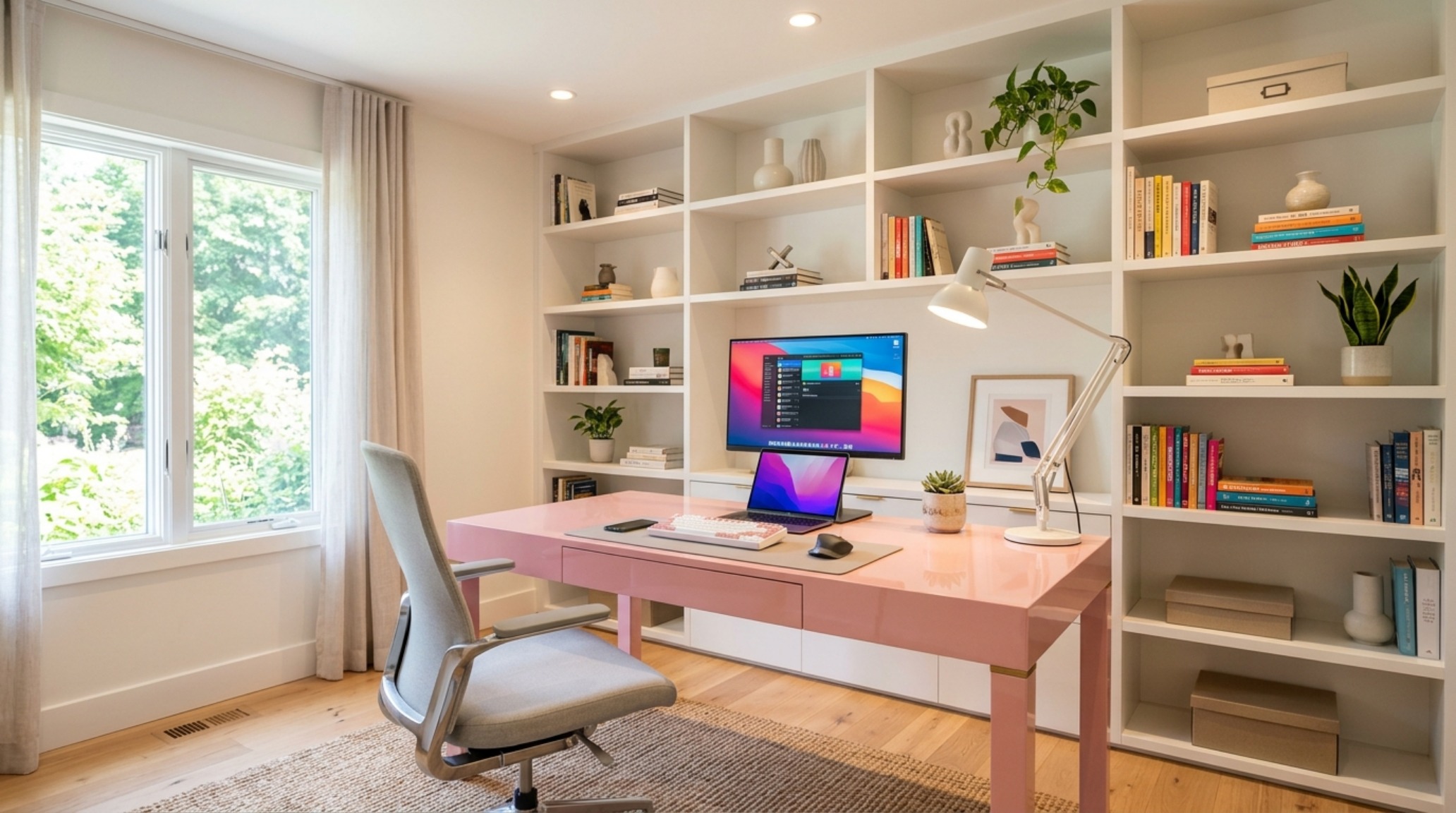 Minimalist pink home office with integrated storage and high CRI 90+ task lighting for professional functionality. Minimalist pink home office with integrated storage and high CRI 90+ task lighting for professional functionality.