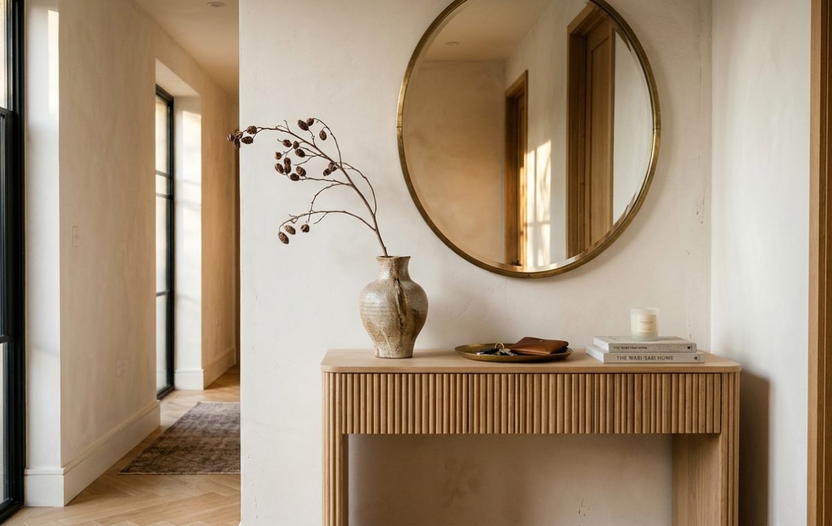 Editorial view of a narrow foyer featuring a custom slim-line console in white oak, topped with sculptural ceramics and atmospheric 2700K lighting.