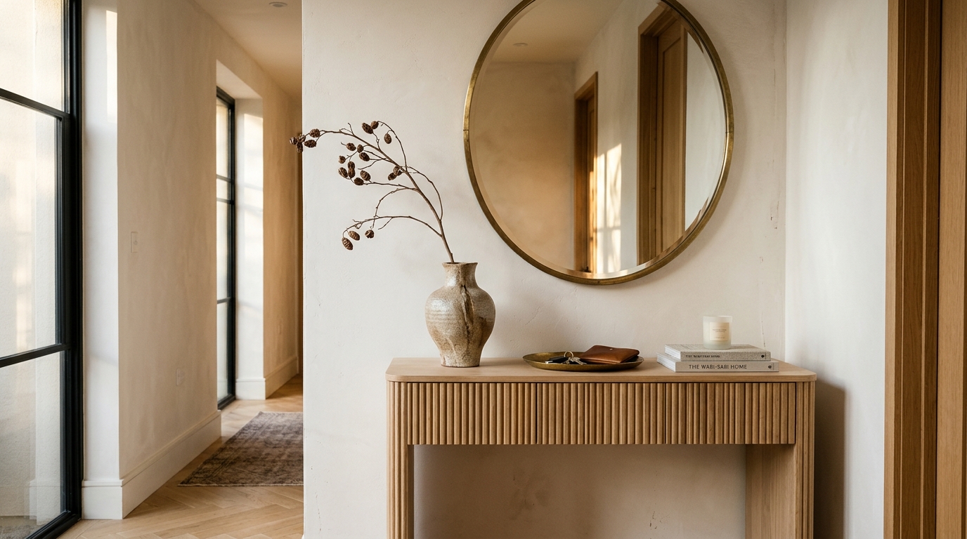 Editorial view of a narrow foyer featuring a custom slim-line console in white oak, topped with sculptural ceramics and atmospheric 2700K lighting. Editorial view of a narrow foyer featuring a custom slim-line console in white oak, topped with sculptural ceramics and atmospheric 2700K lighting.