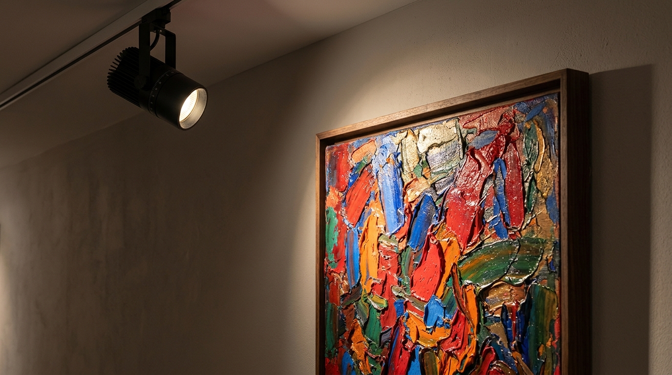 Modern hallway lighting detail showing a high CRI 90+ directional gallery light illuminating a large-scale abstract painting. Modern hallway lighting detail showing a high CRI 90+ directional gallery light illuminating a large-scale abstract painting.