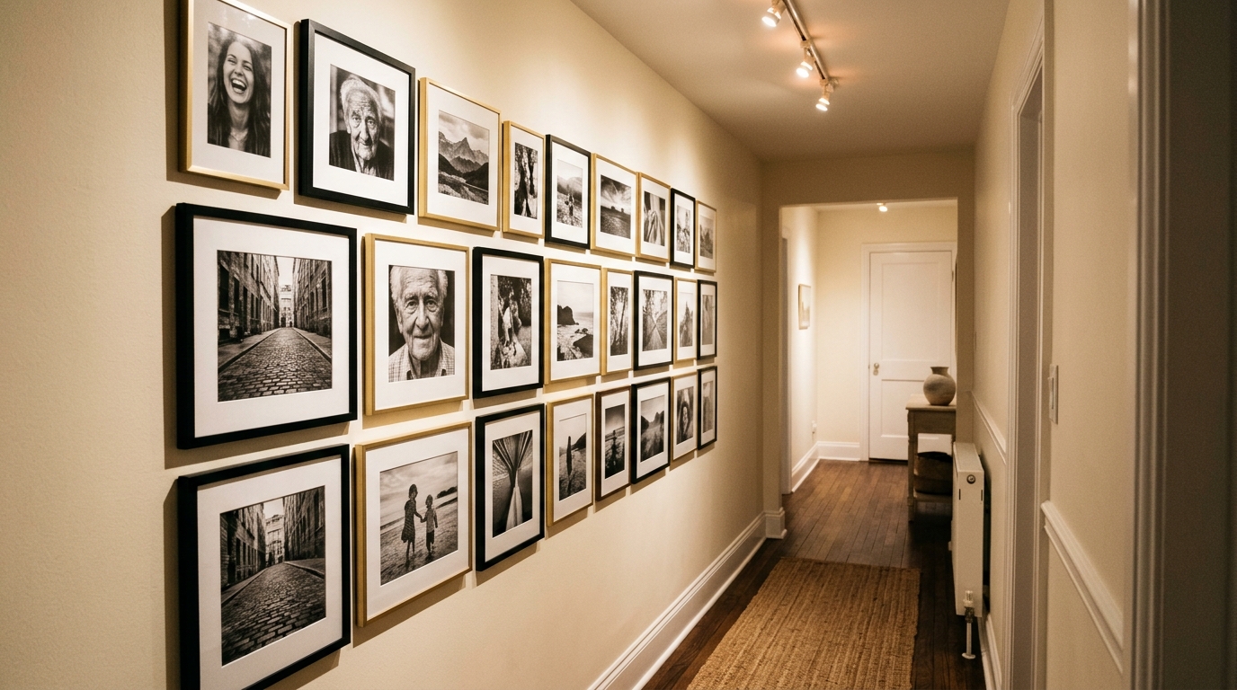 A sequence of curated art pieces on a hallway gallery wall, meticulously spaced for visual rhythm and sightline alignment. A sequence of curated art pieces on a hallway gallery wall, meticulously spaced for visual rhythm and sightline alignment.
